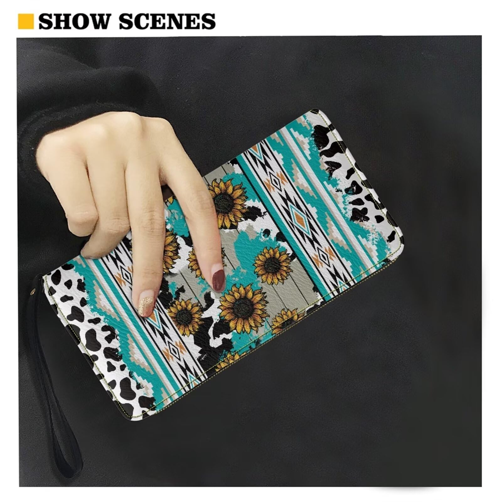 Women's PU Leather Long Zipper Wallet with Sunflower & Elephant Design - Stylish RFID Blocking Bifold Wallet for Everyday Use, Travel & Gift Giving