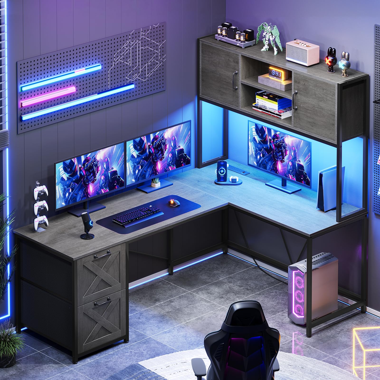 SEDETA L-Shaped Gaming Desk with LED Lights, Reversible Computer Desk with Fabric Drawers & Power Outlet, Home Office Desk with Hutch & Storage Shelf (Grey) - Perfect for Gamers, Streamers & Remote Workers