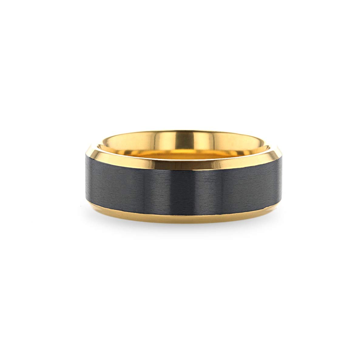 Beaumont Titanium Ring for Men - Comfort Fit Gold Plated Wedding Band with Brushed Black Center - 8mm Wide Polished Beveled Edge - Perfect for Engagement, Anniversary & Everyday Wear