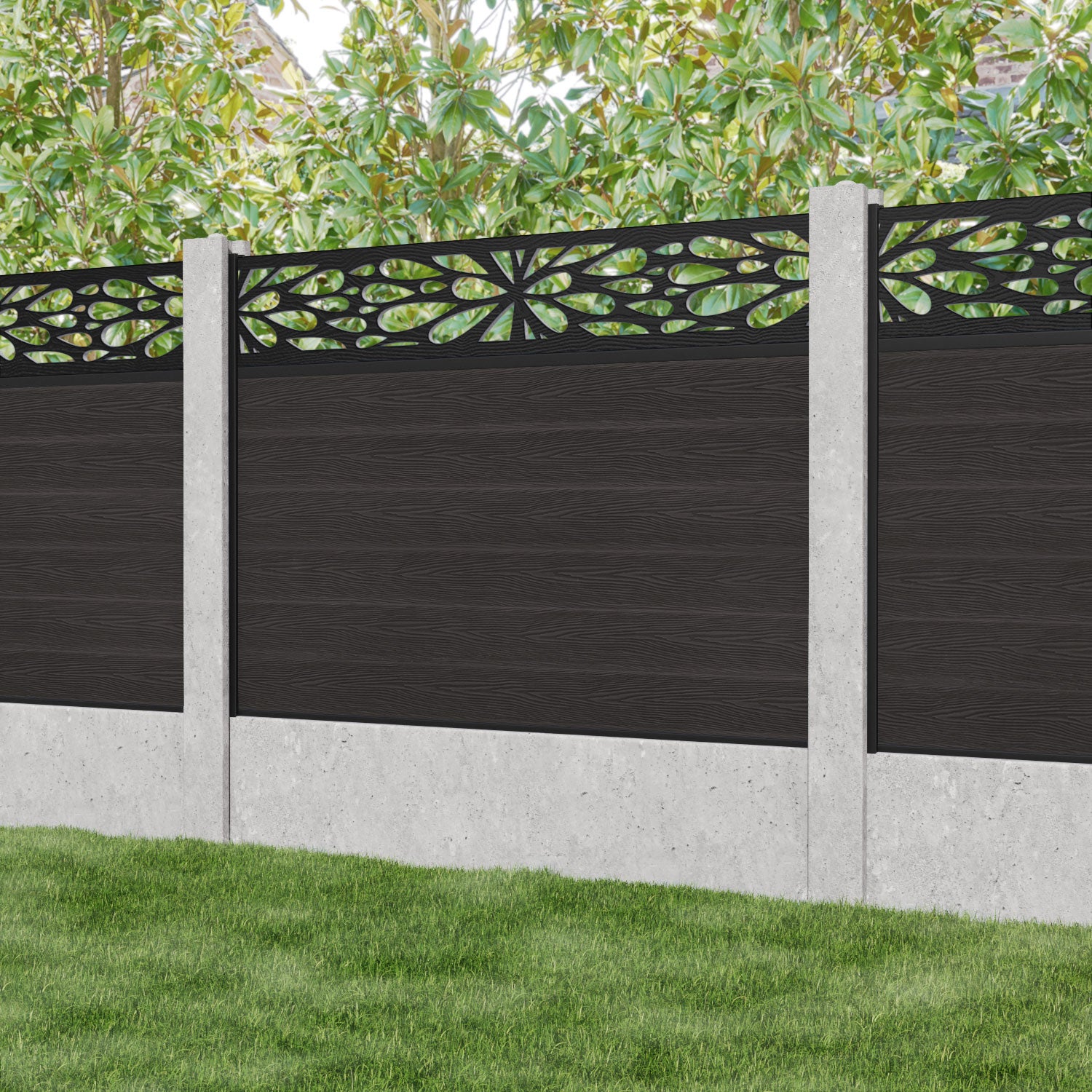 Classic Blossom Fence Panel - Dark Oak Wood Privacy Screen for Existing Concrete Posts | Perfect for Backyard, Garden, and Patio Decoration