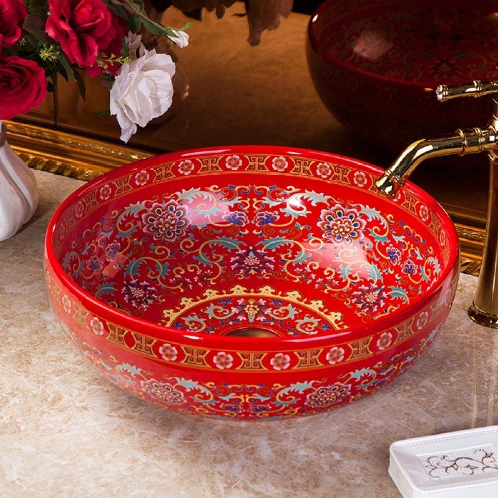 Modern Bathroom Vessel Sink - Handcrafted Famille Rose Porcelain Basin for Western Style Bathrooms | Perfect for Master Bath, Powder Room & Luxury Home Decor