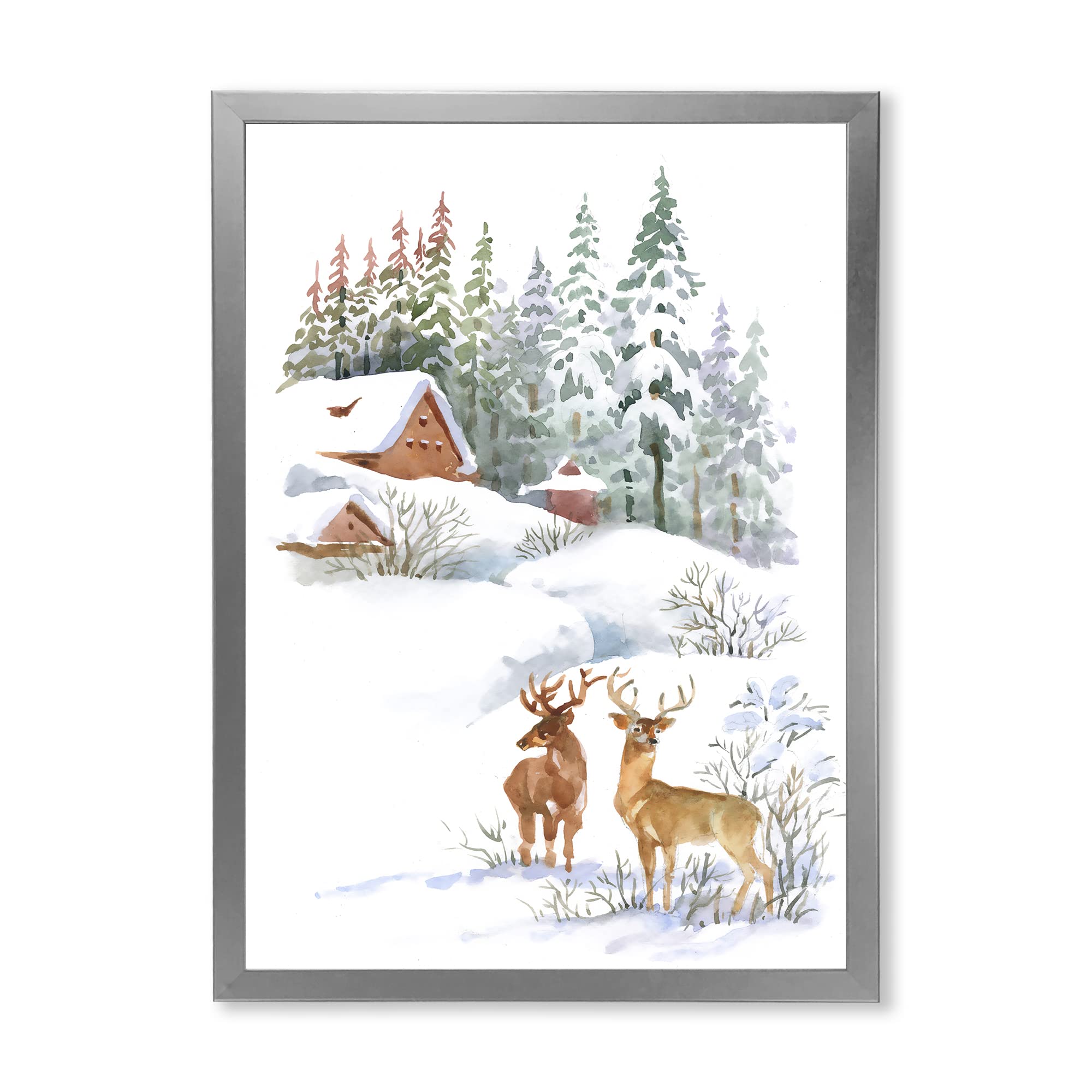 Winter Cottage with Two Deer Farmhouse Framed Wall Art - Rustic Home Decor for Living Room, Bedroom & Office