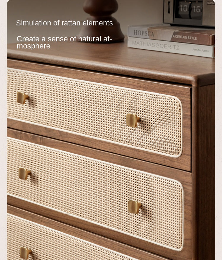 Solid Oak & Black Walnut Wood Cabinet with Rattan Doors - Modern Storage Organizer for Living Room, Bedroom, or Entryway