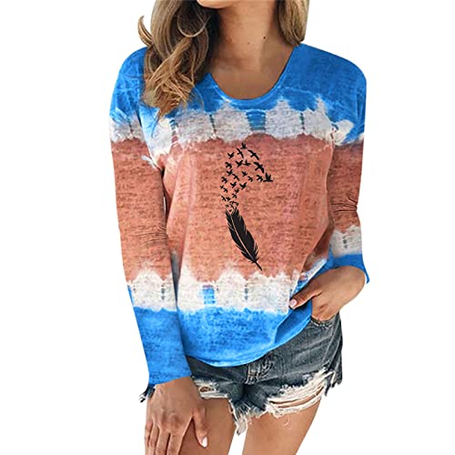 Women's Casual Tie-Dye Feather Print Long Sleeve T-Shirt Blouse - Soft Round Neck Comfort Top for Everyday Wear (Blue, XL) | Perfect for Street Style, Office Casual & Weekend Outfits