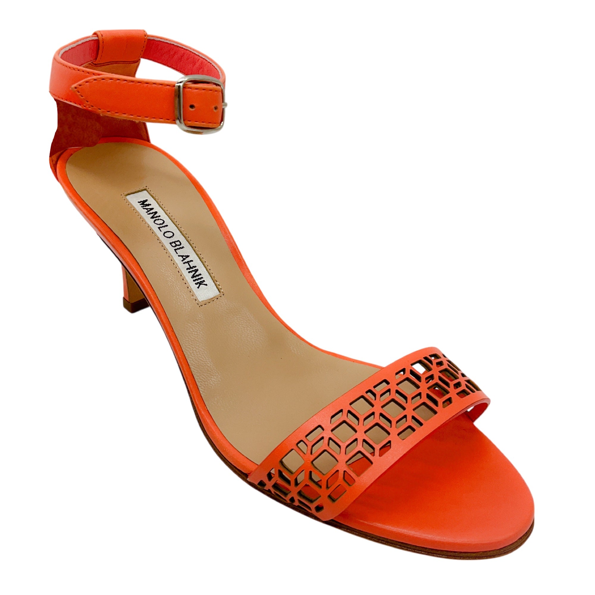 Manolo Blahnik Women's Coral Pink Lasercut Leather Ankle Strap Sandals - Elegant Heeled Summer Shoes for Weddings, Parties & Special Occasions