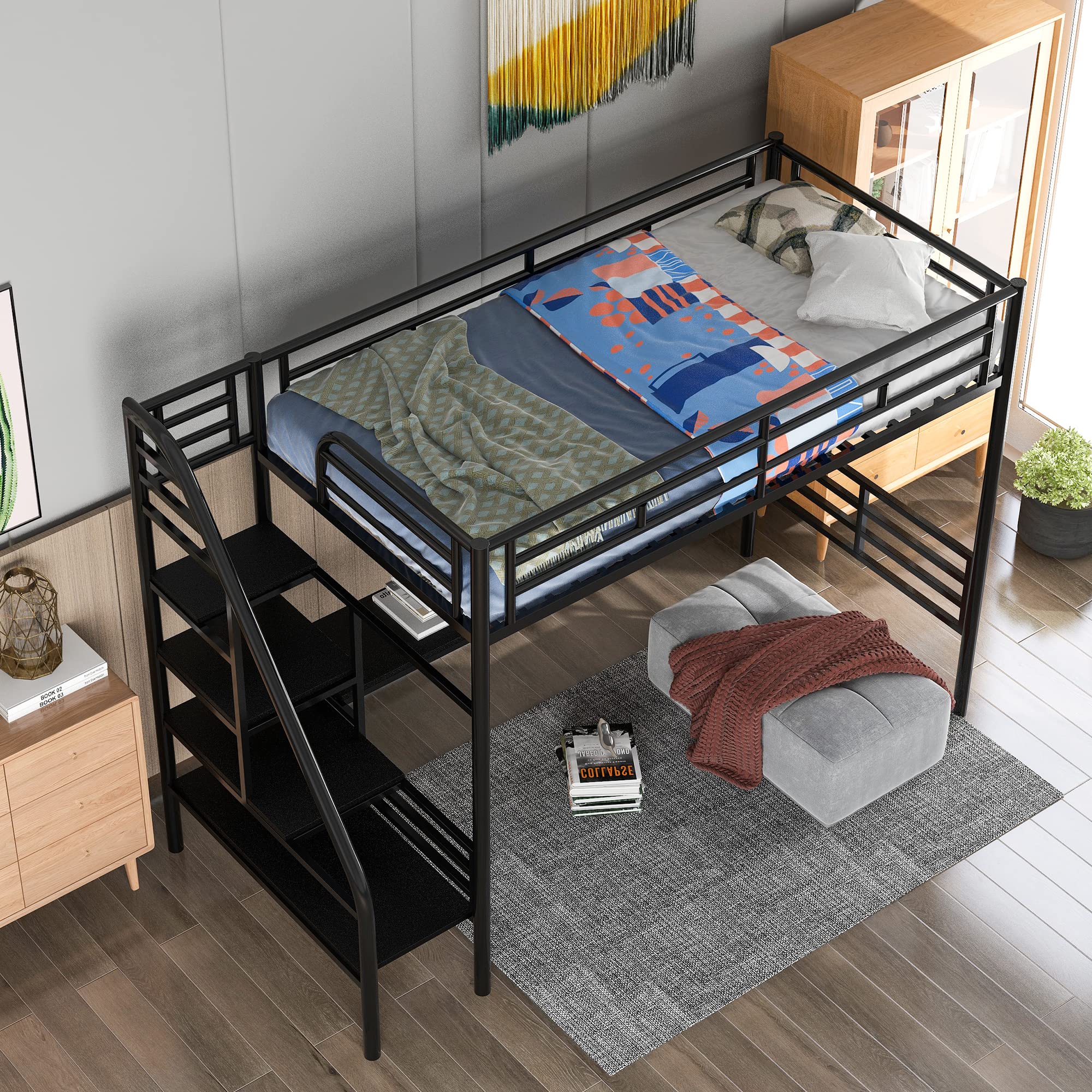 **Twin Size Loft Bed with Storage Stairs, Desk & Shelves - Heavy Duty Metal High Loft Bed with Lockers for Kids, Teens & Adults - Perfect for Small Spaces, Dorms & Apartments - Black**