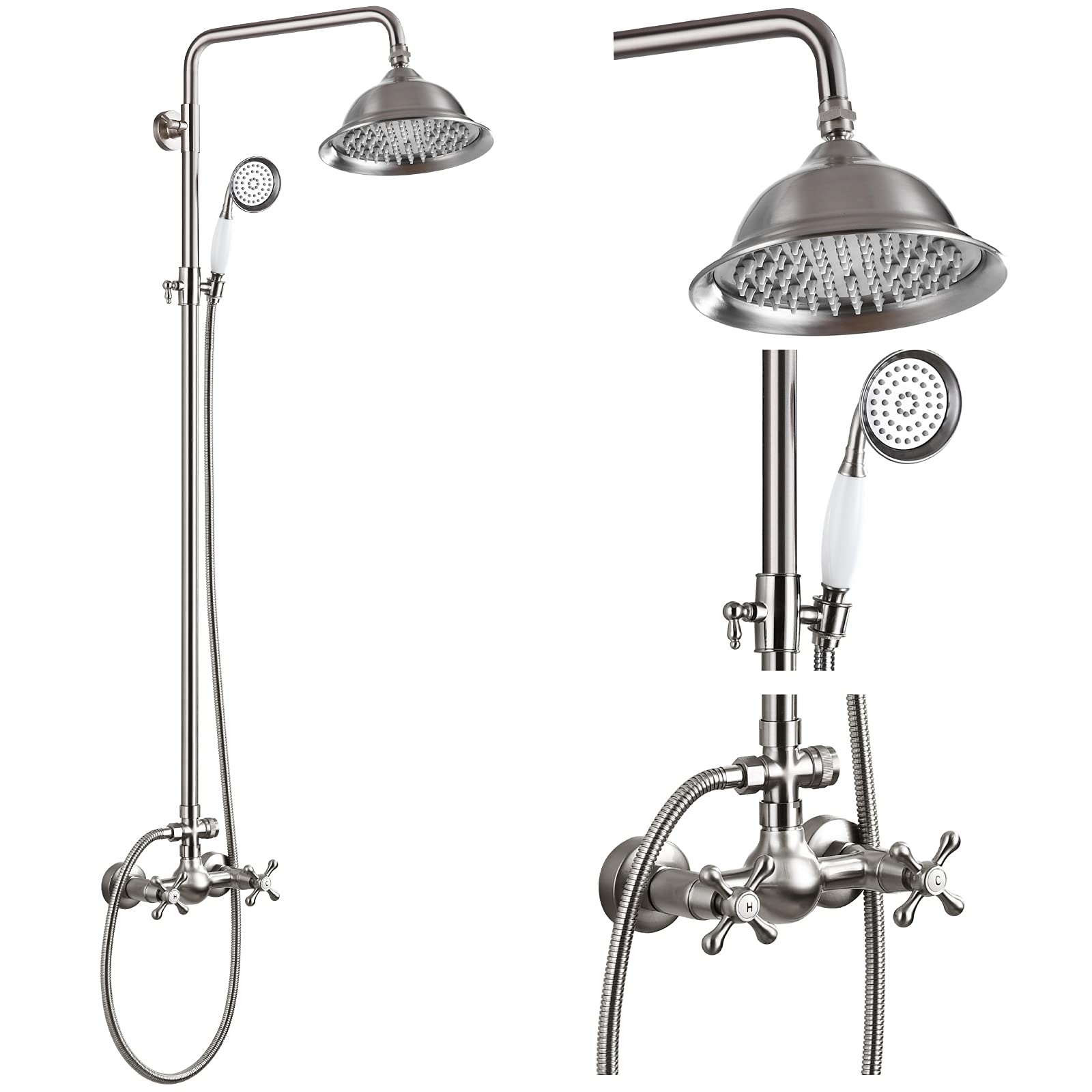 Gotonovo 8 Inch Brushed Nickel Shower Faucet Set - Rainfall Shower Head with Double Cross Handle & Handheld Spray - Wall Mount Bathroom Shower System for Luxurious Spa Experience at Home