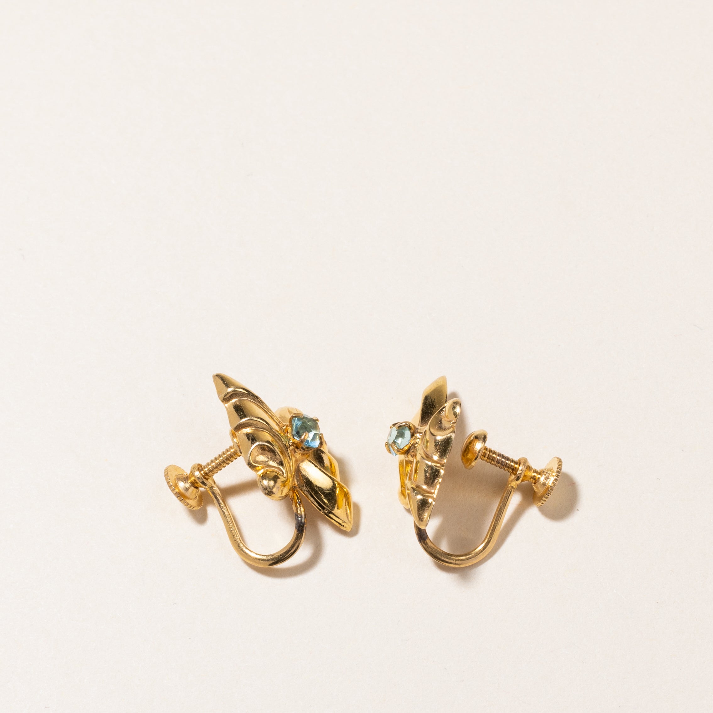 10K Gold Light Blue Stone Abstract Screw Clip-On Earrings for Women - Elegant Party & Wedding Jewelry Gift