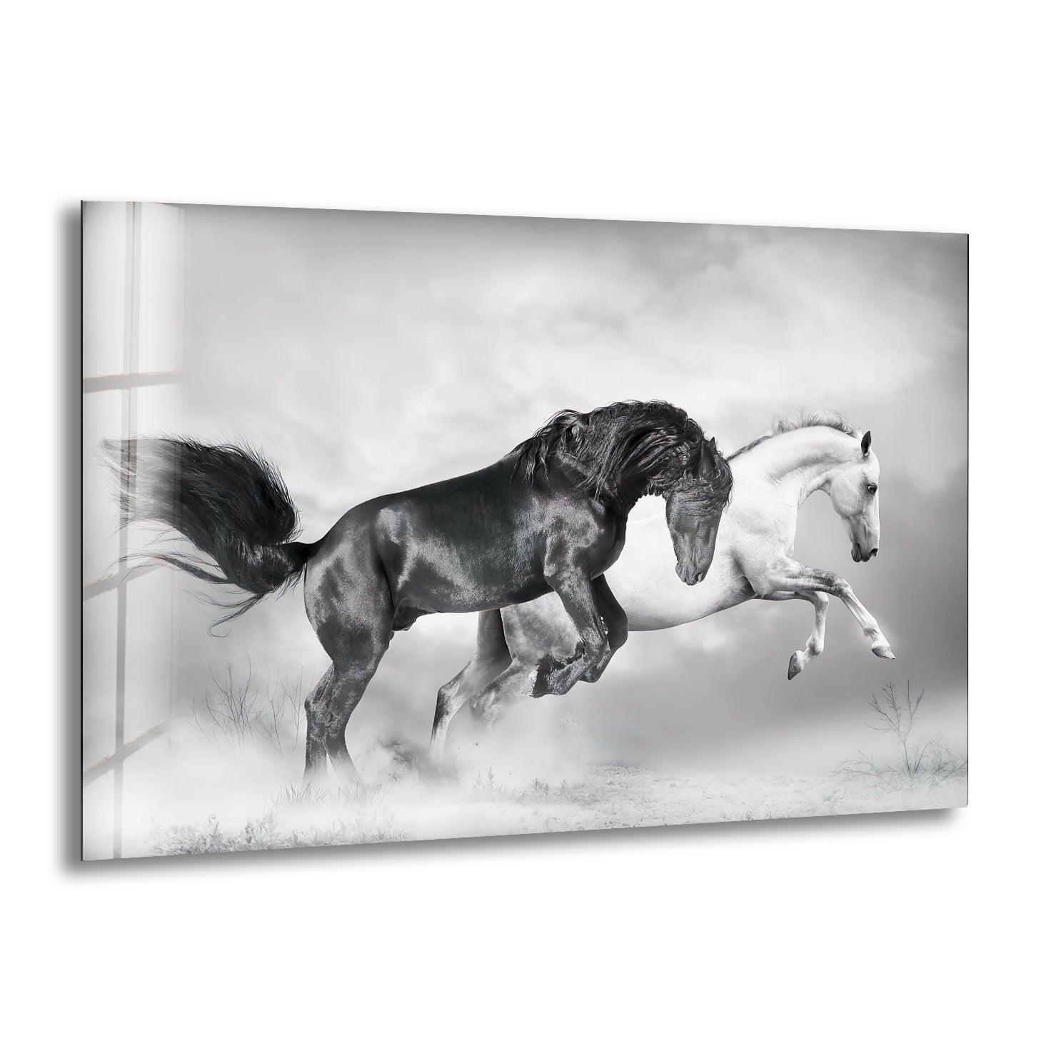 Black & White Wild Horses Running Glass Wall Art - Elegant Home Decor for Living Room, Bedroom & Office - Perfect Modern Art Gift for Horse Lovers