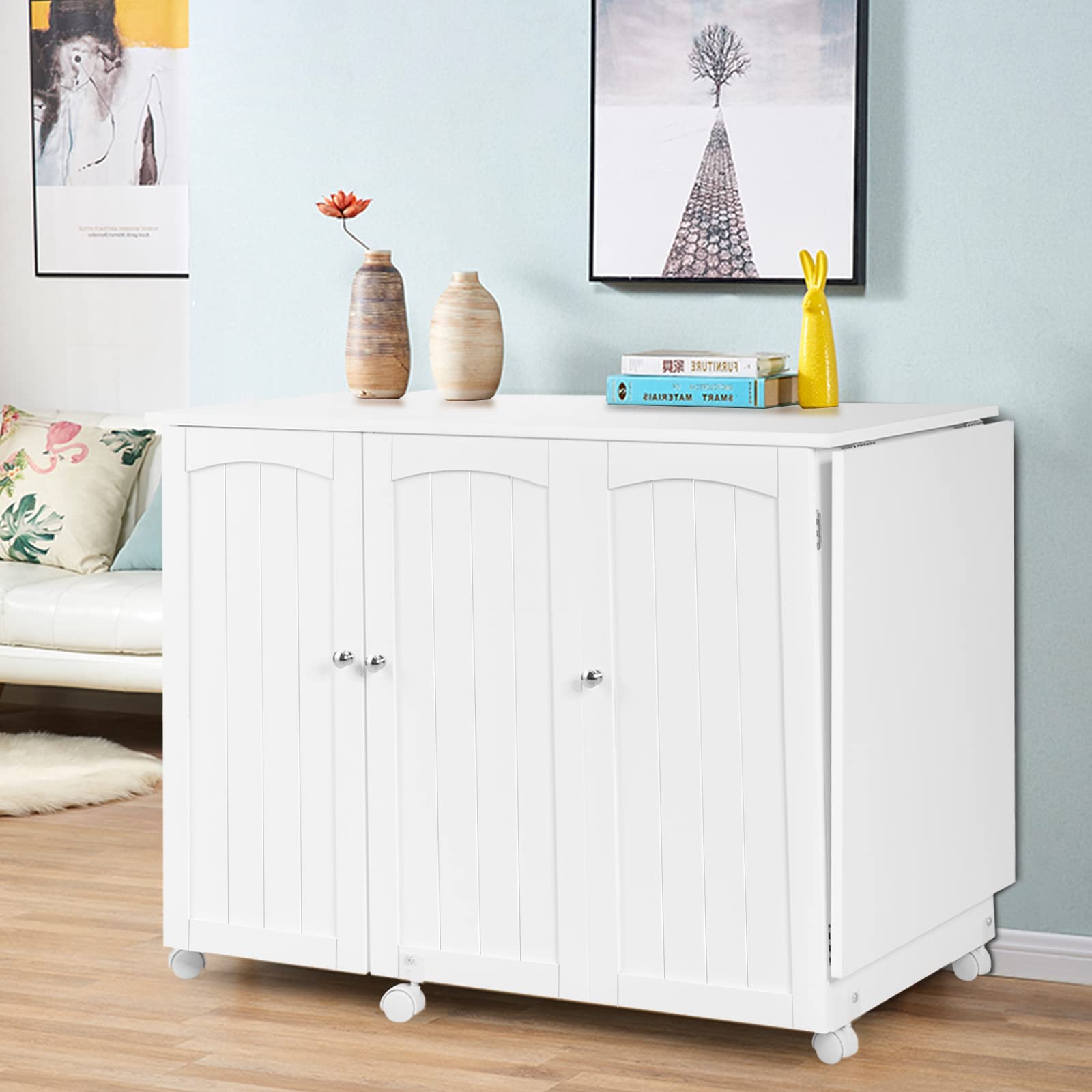 Wooden Folding Sewing Table with Adjustable Storage Shelves & Lockable Casters - Portable Rolling Sewing Cabinet Desk for Small Spaces, Craft Room & Quilting Studio (White) | Perfect for Sewing Projects, DIY Crafts & Home Organization
