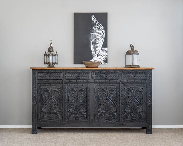 Hand Carved Wooden Bohemian Sideboard - Black & Charcoal Buffet Cabinet for Dining Room, Living Room | Vintage Storage Furniture for Home Decor