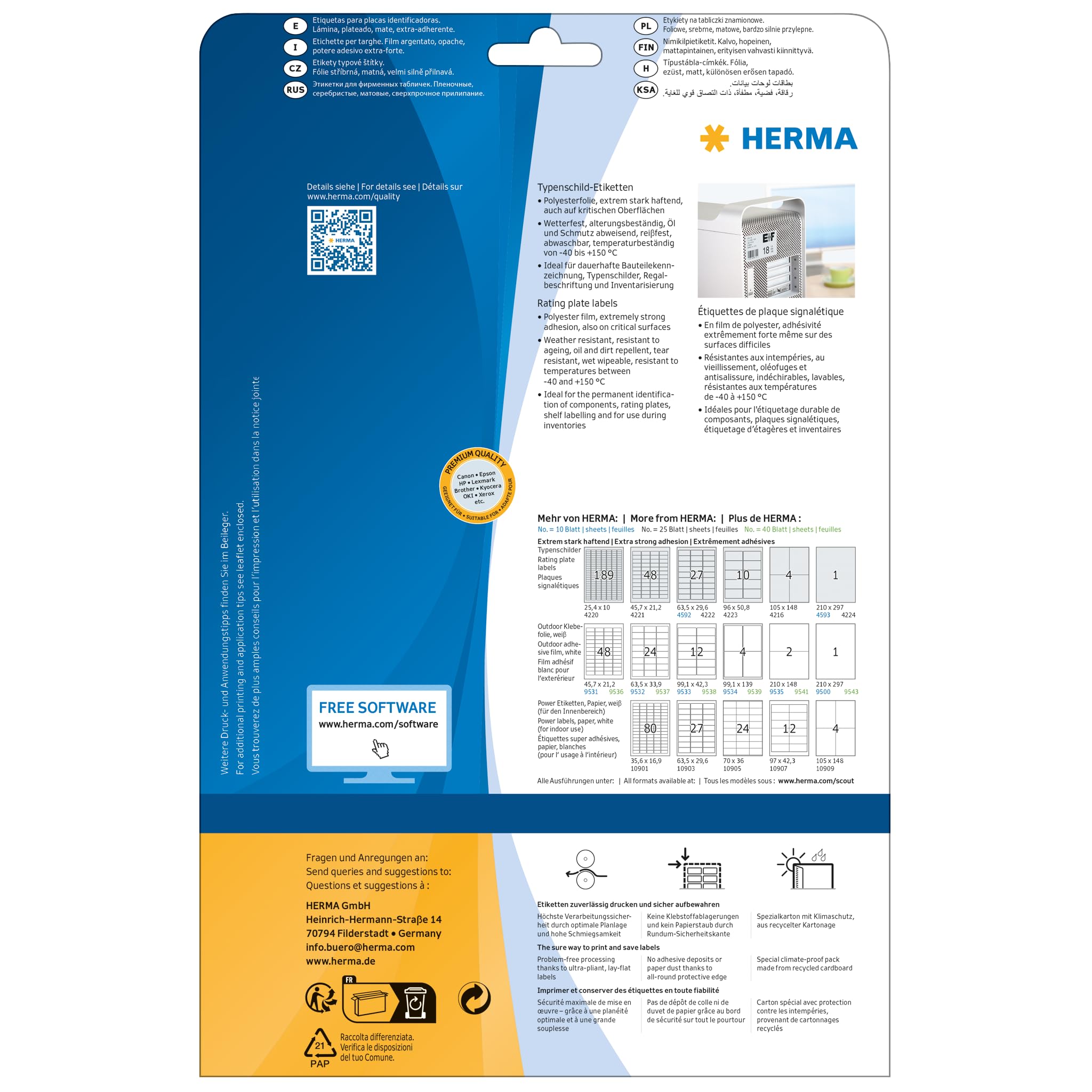 HERMA Self Adhesive Name Plate Labels - 675 Weatherproof Stickers (63.5x29.6mm) for Laser & Inkjet Printers - Silver Metallic Film - 25 A4 Sheets (27 Labels per Sheet) - Perfect for Office Organization, Equipment Labeling & Industrial Use
