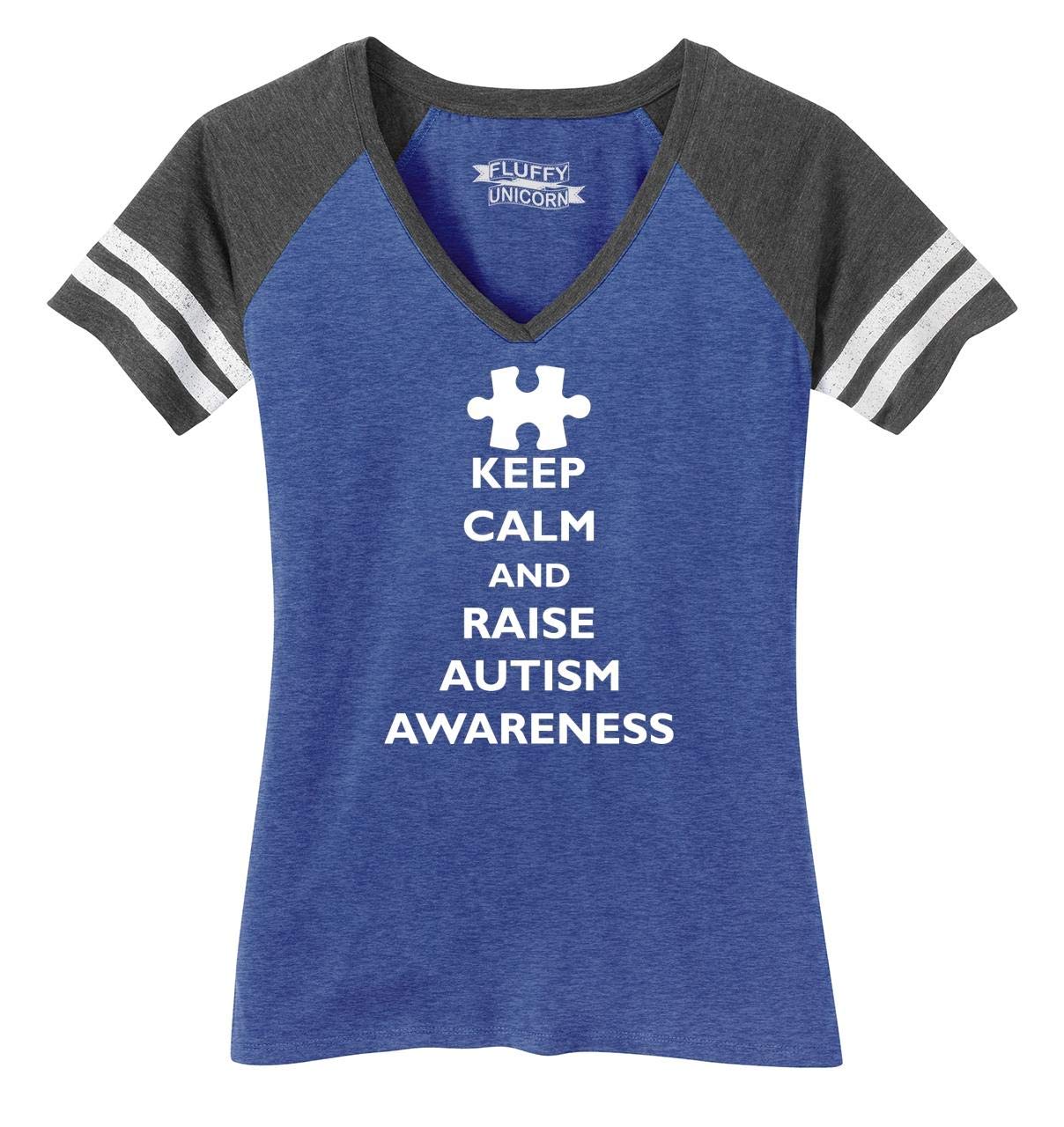 Funny Autism Awareness V-Neck T-Shirt for Women - Keep Calm and Support Autism Tee - Perfect for Casual Wear, Fundraising Events & Awareness Campaigns