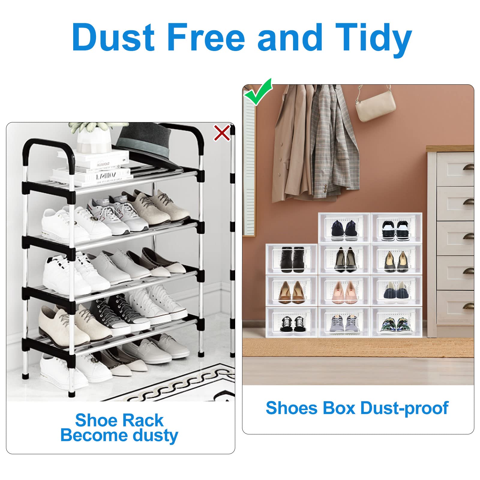 Clear Plastic Shoe Organizer Boxes - 12 Pack Stackable Shoe Storage Containers for Closet Organization | Durable Shoe Boxes for Men & Women (Medium Size) | Perfect for Bedroom, Closet, and Entryway Storage Solutions