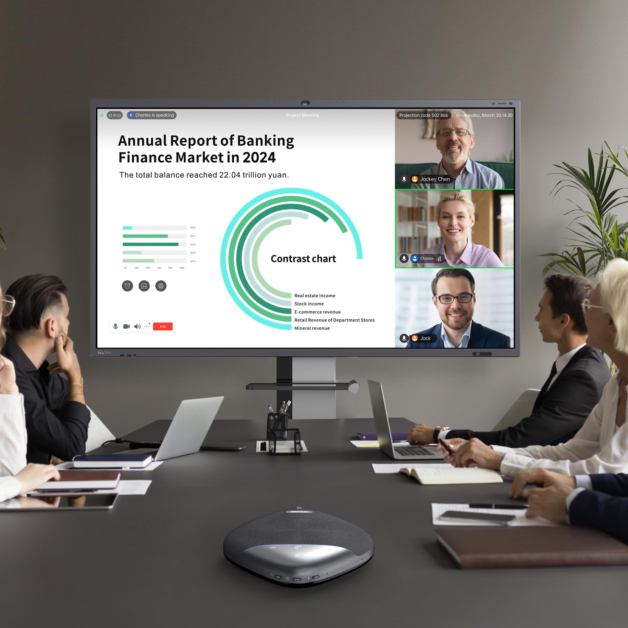 HORION HM-5P Wireless Bluetooth Conference Speaker with 8 Microphones - 20ft Voice Pickup, 8H Battery, AI Noise Cancelling - Perfect for Zoom/Teams Meetings, Office Conference Calls & Remote Work
