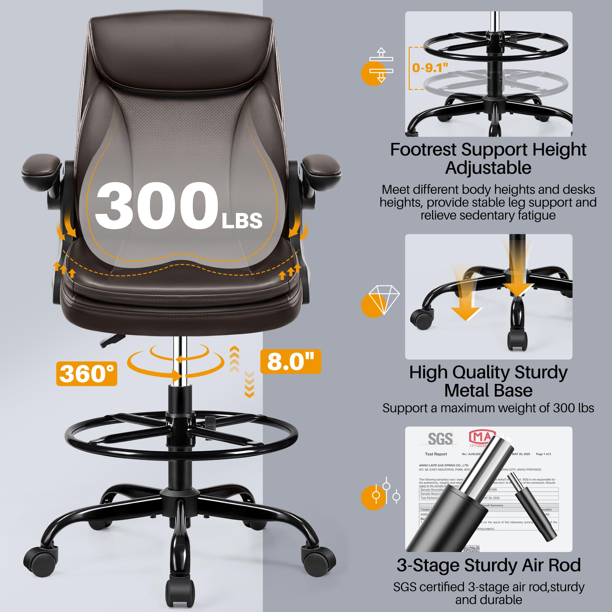 Ergonomic Drafting Chair - Adjustable Height Leather Office Chair with Flip-Up Armrests & Foot Ring - Lumbar Support for Home, Office & Studio - Comfortable Executive Desk Chair (Brown) - Perfect for Architects, Artists & Long Work Sessions