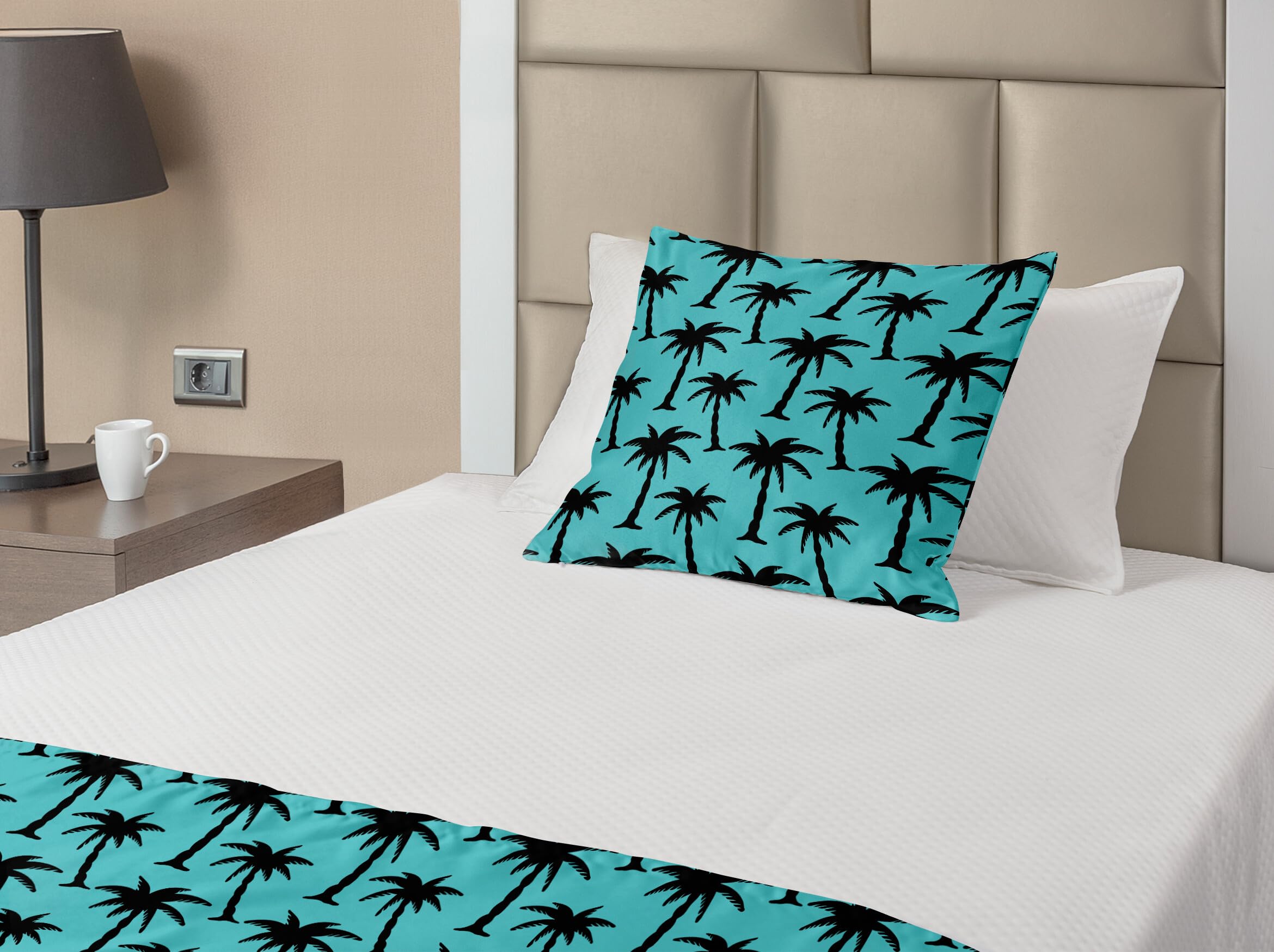Ambesonne Tropical Palm Tree Bed Runner Set - Black Coconut Tree Silhouettes on Turquoise Background, Cartoon Style Bed Scarf & Pillow Sham for Twin Bed - Perfect for Beach House Decor, Hotel Room Styling and Tropical Bedroom Theme