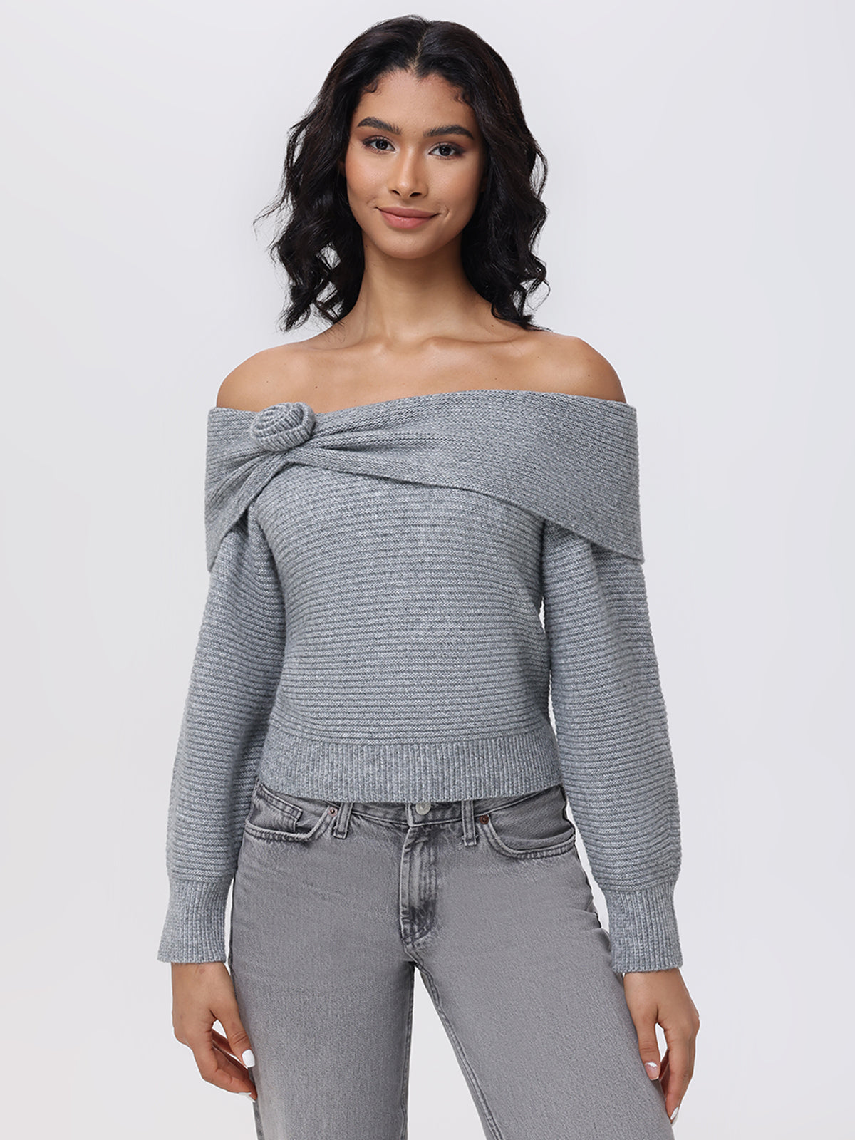 Elizabeth Women's Off The Shoulder Rosette Knit Sweater - Elegant Lace Trim Pullover for Date Night & Fall Fashion