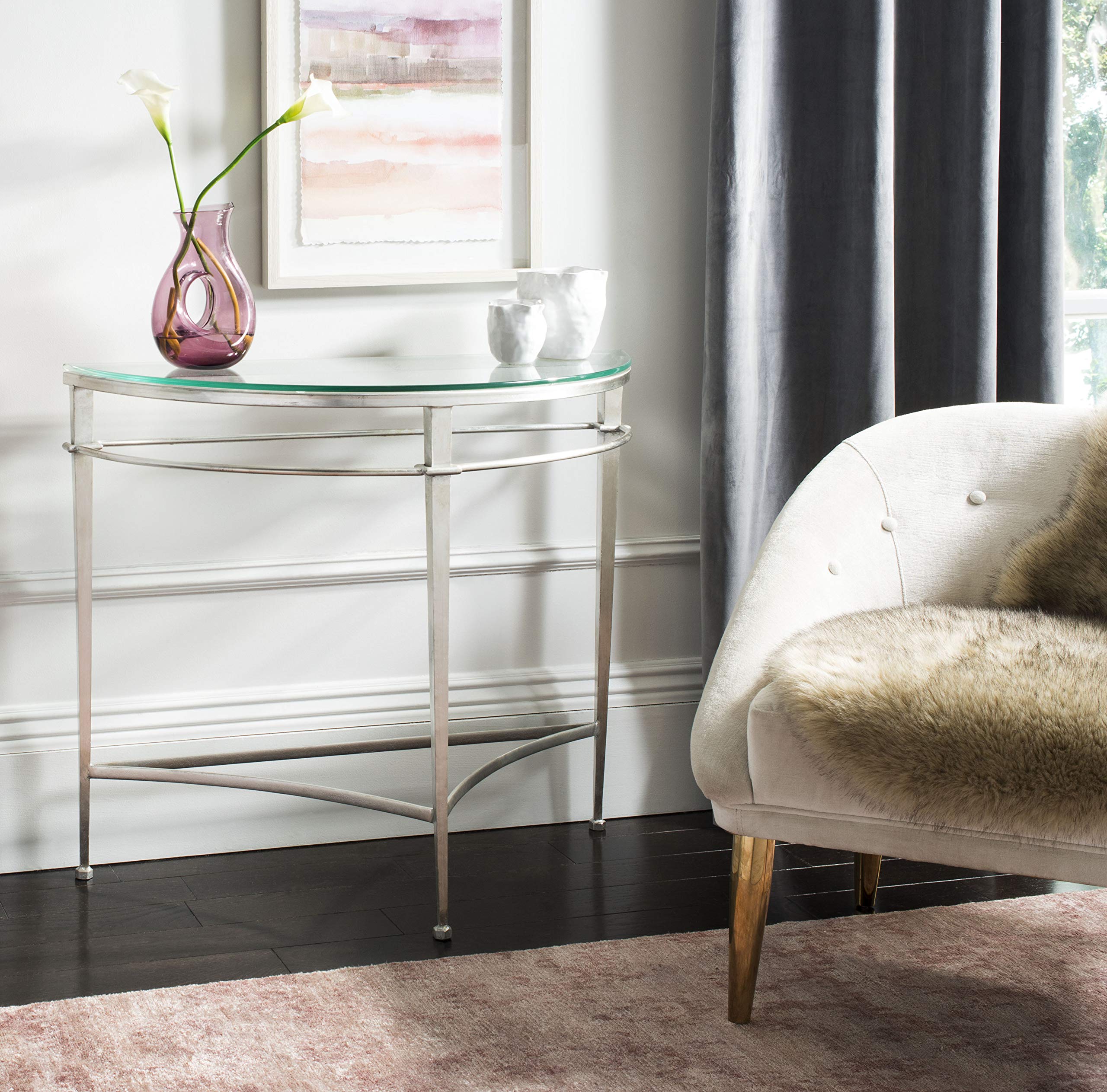 Safavieh Couture Home Baur Antique Silver Glass Half Circle Console Table - Elegant Entryway & Living Room Furniture for Modern Homes