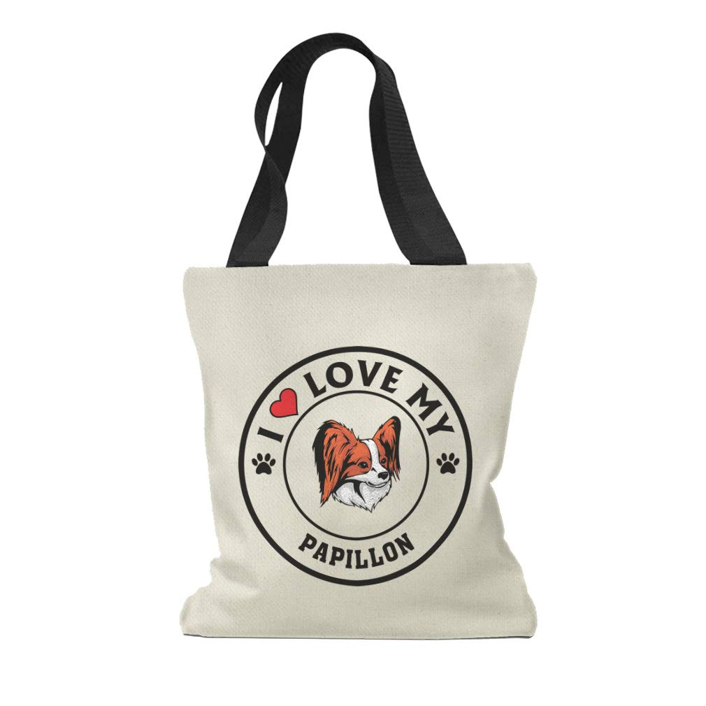Custom Canvas Tote Bag - I Love My Papillon Dog Print Reusable Shopping & Beach Bag for Women (Black) | Eco-Friendly Grocery, Travel & Pet Lover Accessory