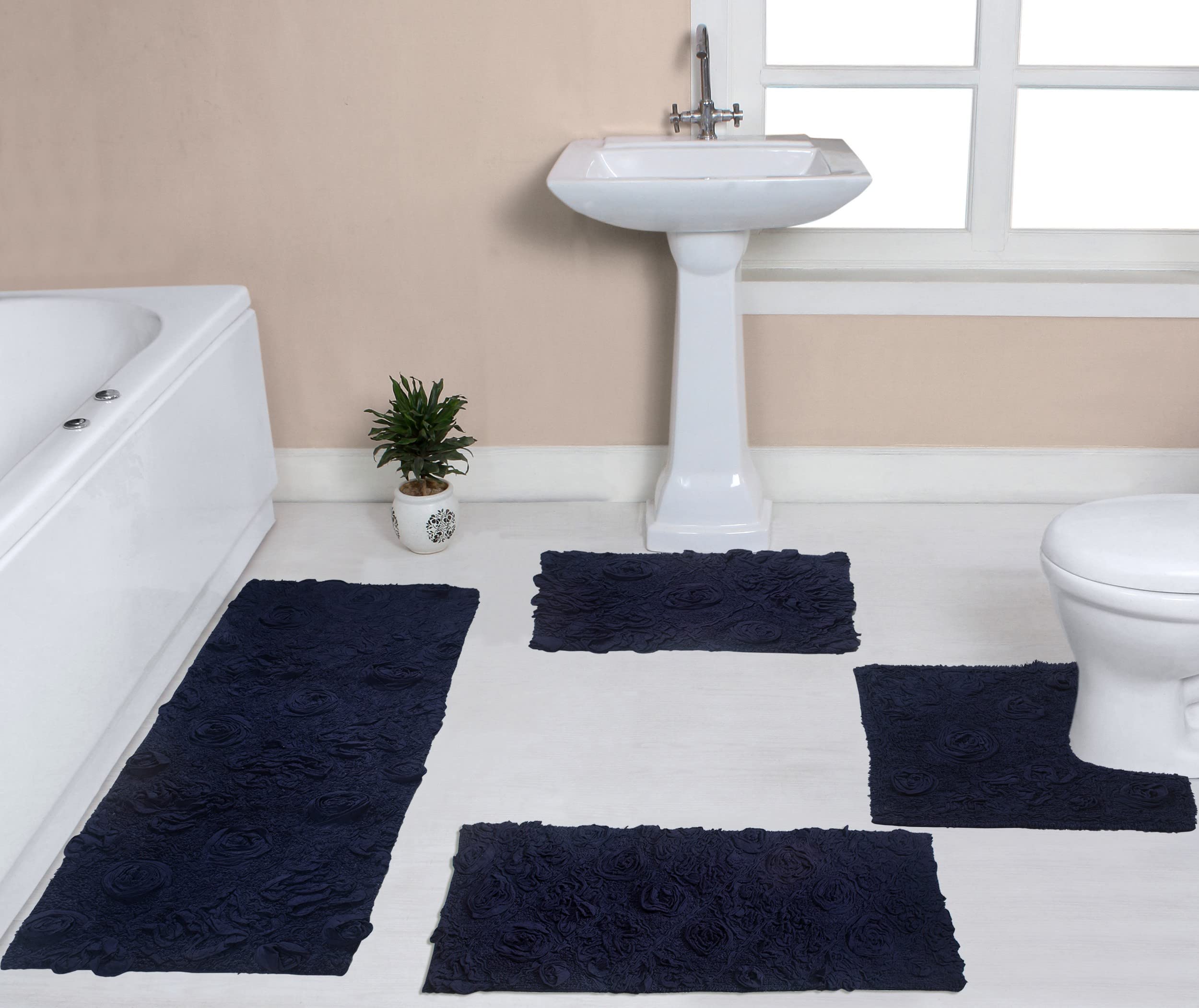 Premium 100% Cotton Bath Rug Set - Ultra Soft & Absorbent Non-Slip Bathroom Mats with Runner - Washable 4-Piece Collection for Bathroom & Kitchen Floor - Navy Blue Home Decor