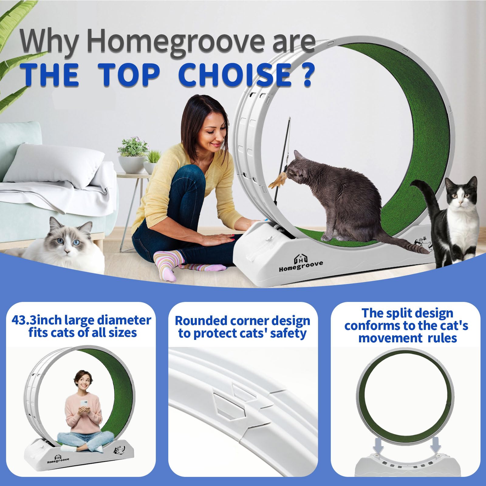 45 Inch Cat Exercise Wheel for Indoor Cats - Durable Plastic Cat Running Wheel with Soft Carpeted Runway - Large Cat Treadmill Exerciser for Fitness & Health - Perfect for Small Apartments & Active Cats