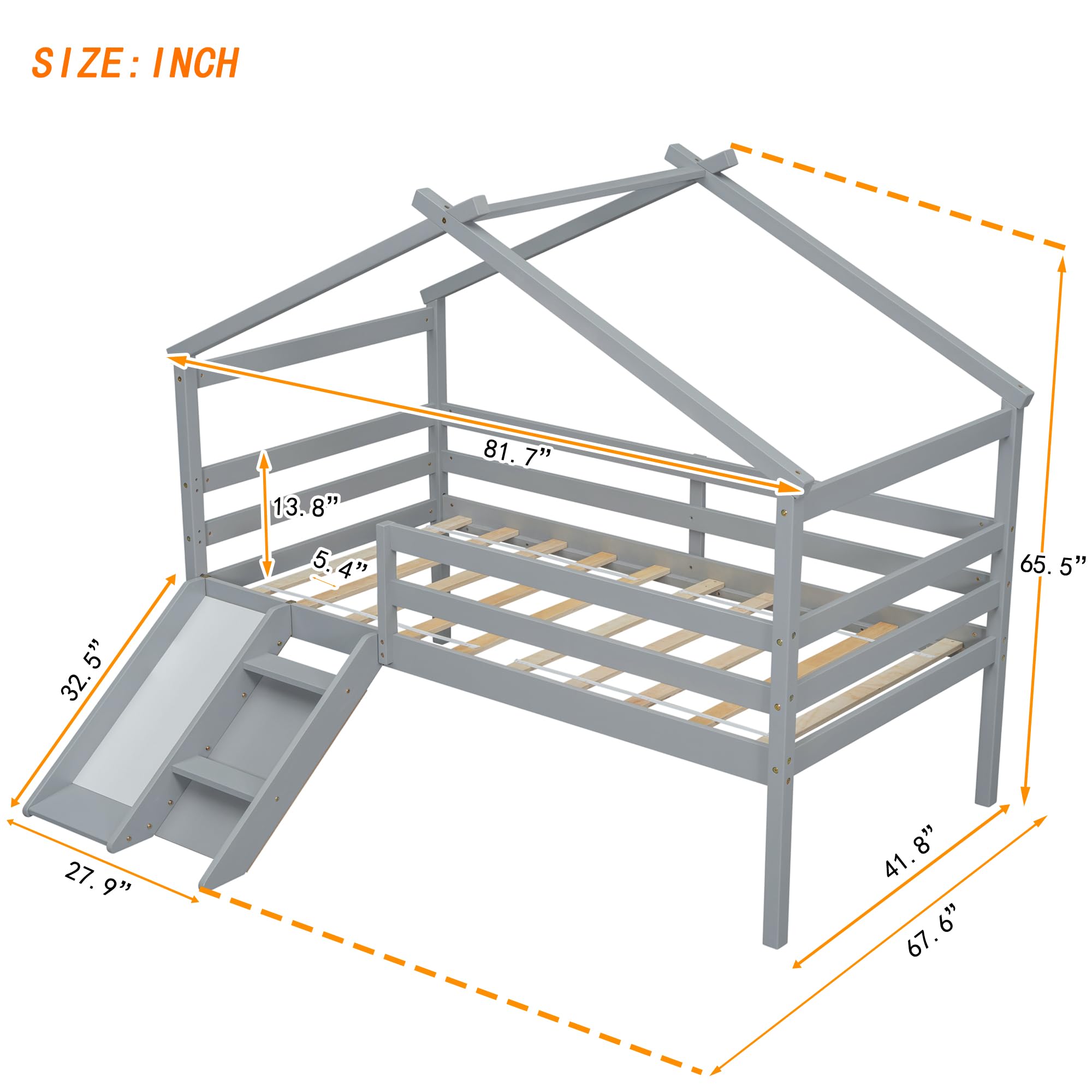 Bellemave Twin Size Low Loft Bed for Kids with Slide & Ladder - Solid Wood House Loft Bed with Safety Guardrails for Boys & Girls (Grey) - Perfect for Small Bedrooms, Playrooms & Kids' Spaces