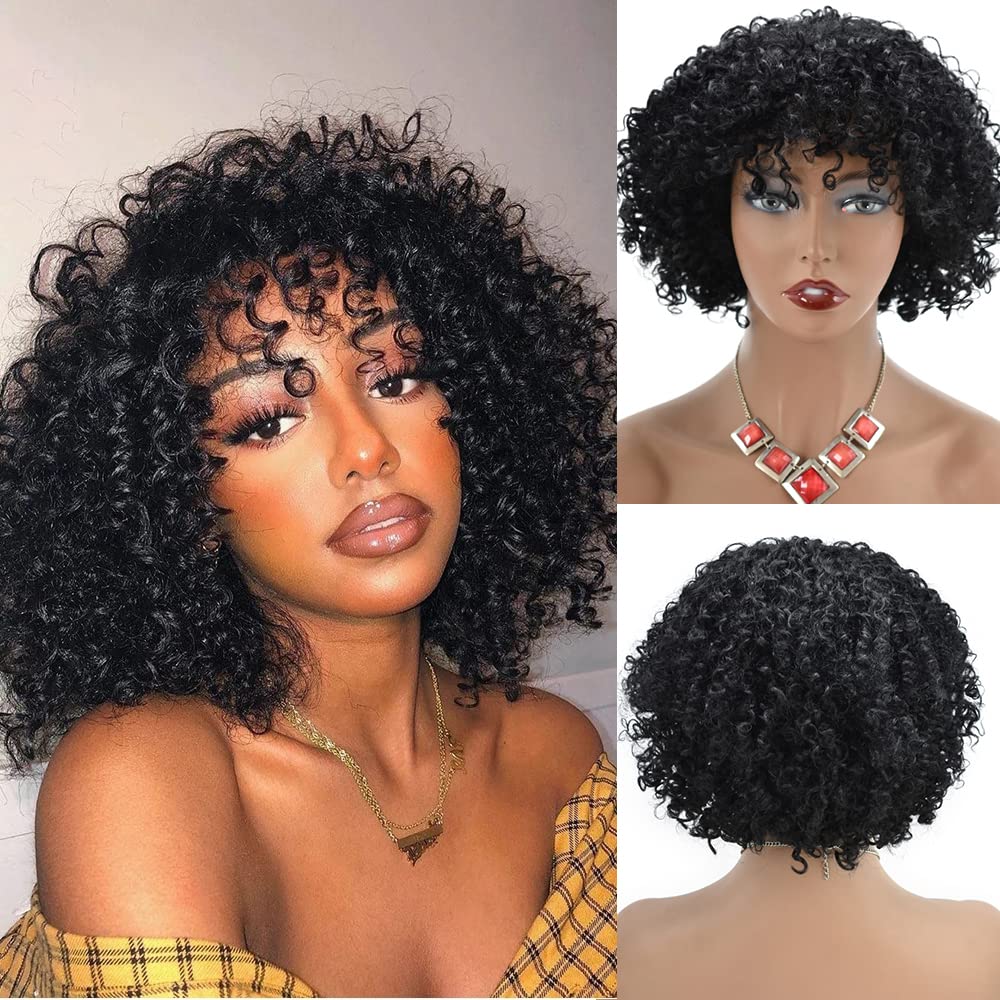 Short Afro Curly Human Hair Wig for Black Women - Kinky Curly Machine Made Wig with Bangs | Natural Looking Synthetic Hairpiece for African American Women | Perfect for Daily Wear, Cosplay & Special Occasions (JMH0400, Jet Black)