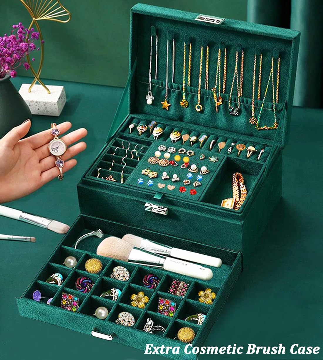 Elegant Green Velvet Jewelry Box with Lock - Women's Jewelry Organizer for Necklaces, Earrings, Rings & Bracelets | Perfect Gift for Teens & Women | Ideal for Travel, Home Storage & Gift Giving
