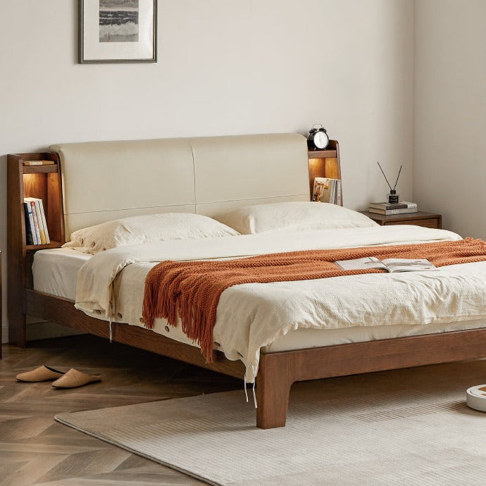 Solid Oak Wood Luminous Bed with Shelf - Genuine Leather & Technical Fabric Headboard - Modern Bedroom Furniture for Master Bedroom, Guest Room, or Dorm