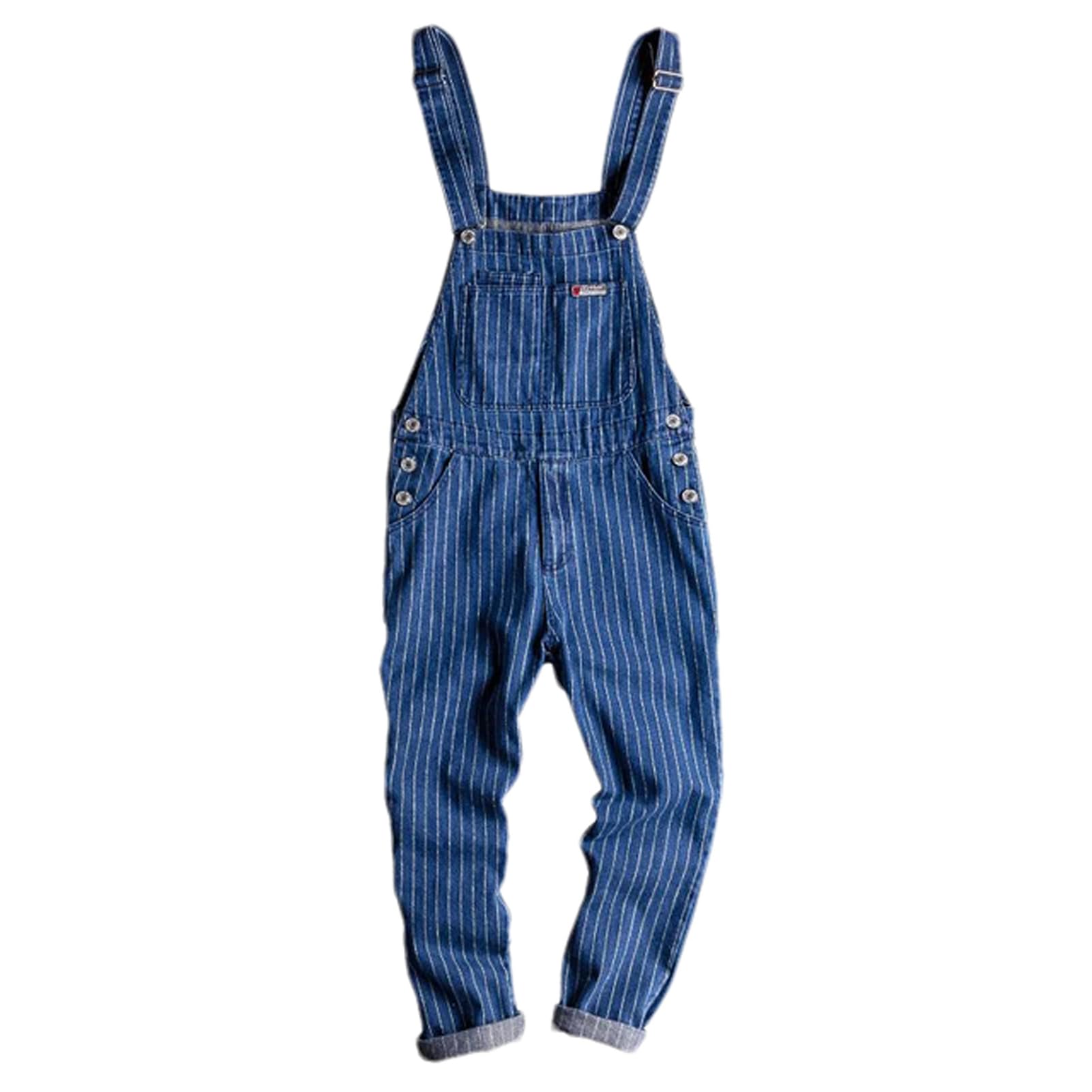 Men's Denim Bib Overalls - Summer Streetwear Jumpsuits & Moto Biker Jeans for Casual Wear | Striped Long Pants for Men | Perfect for Motorcycle Riding, Outdoor Adventures & Urban Fashion