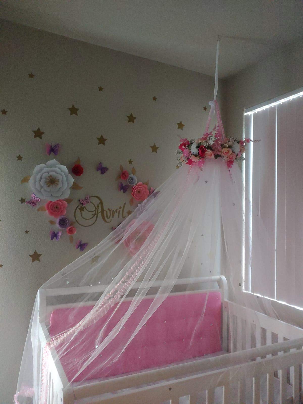 Handmade Pink and White Flowers Bed Canopy for Crib - Elegant Girl's Bedroom Decor, Nursery Decor, Reading Nook Canopy - Perfect for Baby Shower Gifts & Cozy Nursery Setup