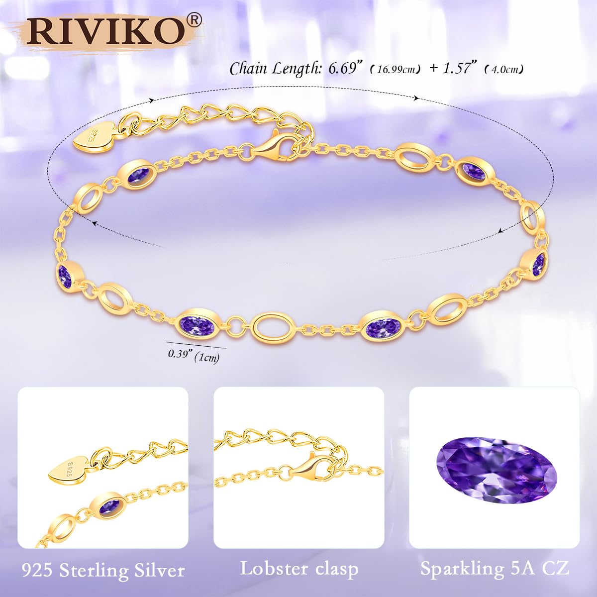 RIVIKO 925 Sterling Silver Gold Plated Birthstone Bracelet for Women - Adjustable Dainty Charm Link Bracelet, Anniversary Valentine's Christmas Birthday Gift for Her, Mom, Wife, Friend | Perfect for Everyday Wear, Special Occasions & Gift Giving