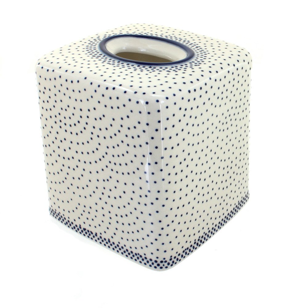 Blue Rose Polish Pottery Tissue Box with Small Dots - Handmade Ceramic Decorative Tissue Holder for Bathroom, Living Room, and Bedroom