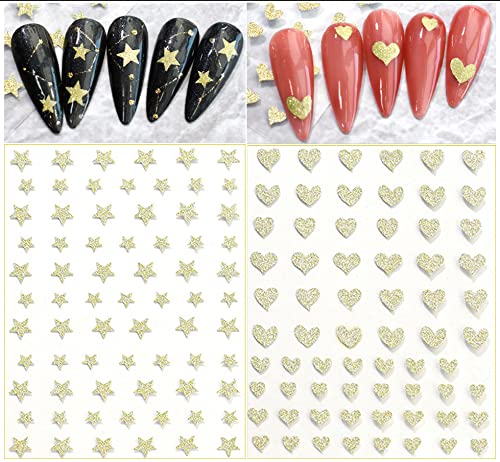 6 Sheets Gold Nail Art Stickers - 3D Metallic Self-Adhesive Nail Decals with Heart, Butterfly, Flame & Star Designs - Glitter Nail Art Supplies for Acrylic Nails - DIY Nail Decorations for Women & Girls - Perfect for Parties, Weddings, and Special Occasions