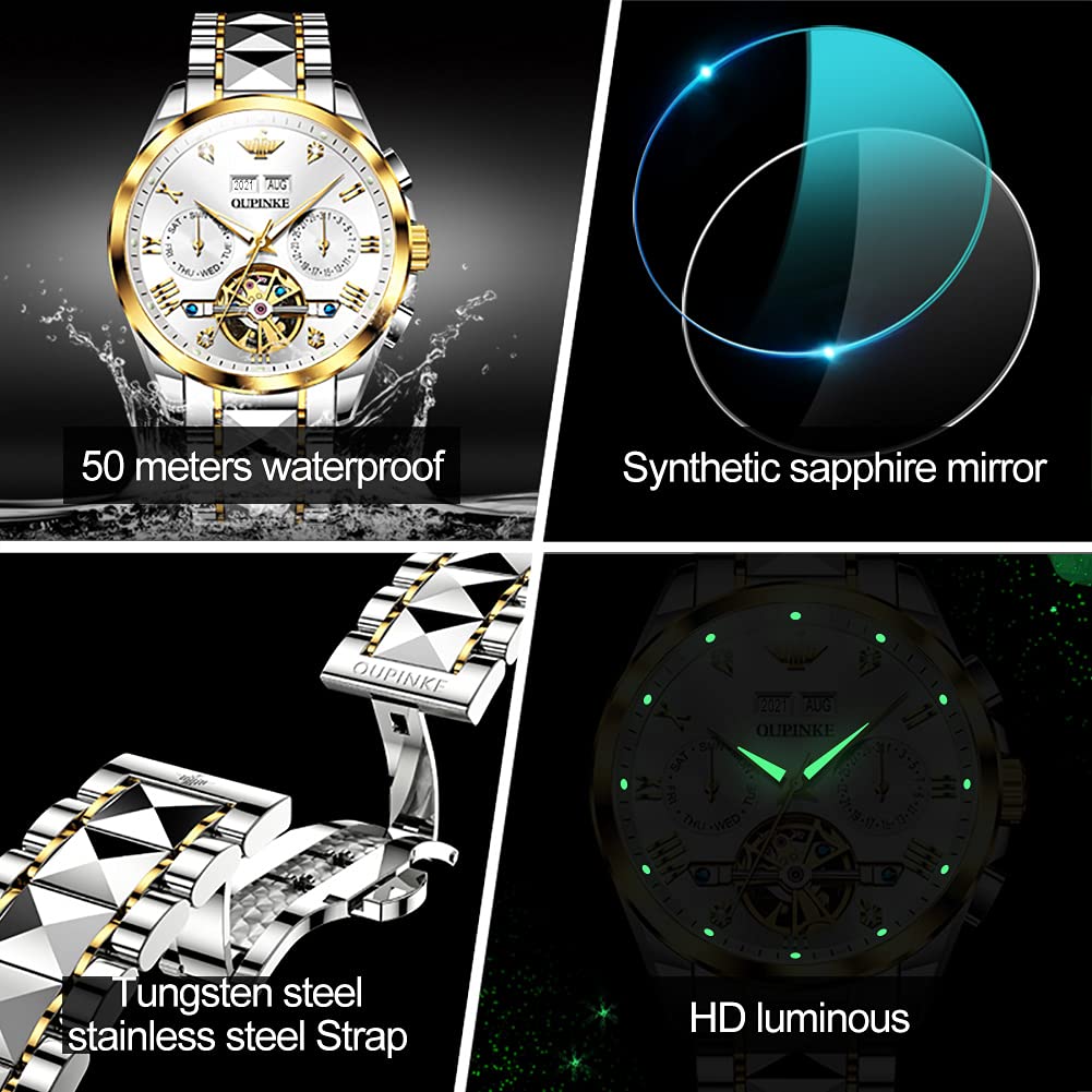 Luxury Men's Automatic Skeleton Watch with Diamond Accents - Self-Winding Mechanical Dress Watch - Sapphire Crystal & Tungsten Steel Band - Perfect for Business, Formal Events & Gift Giving