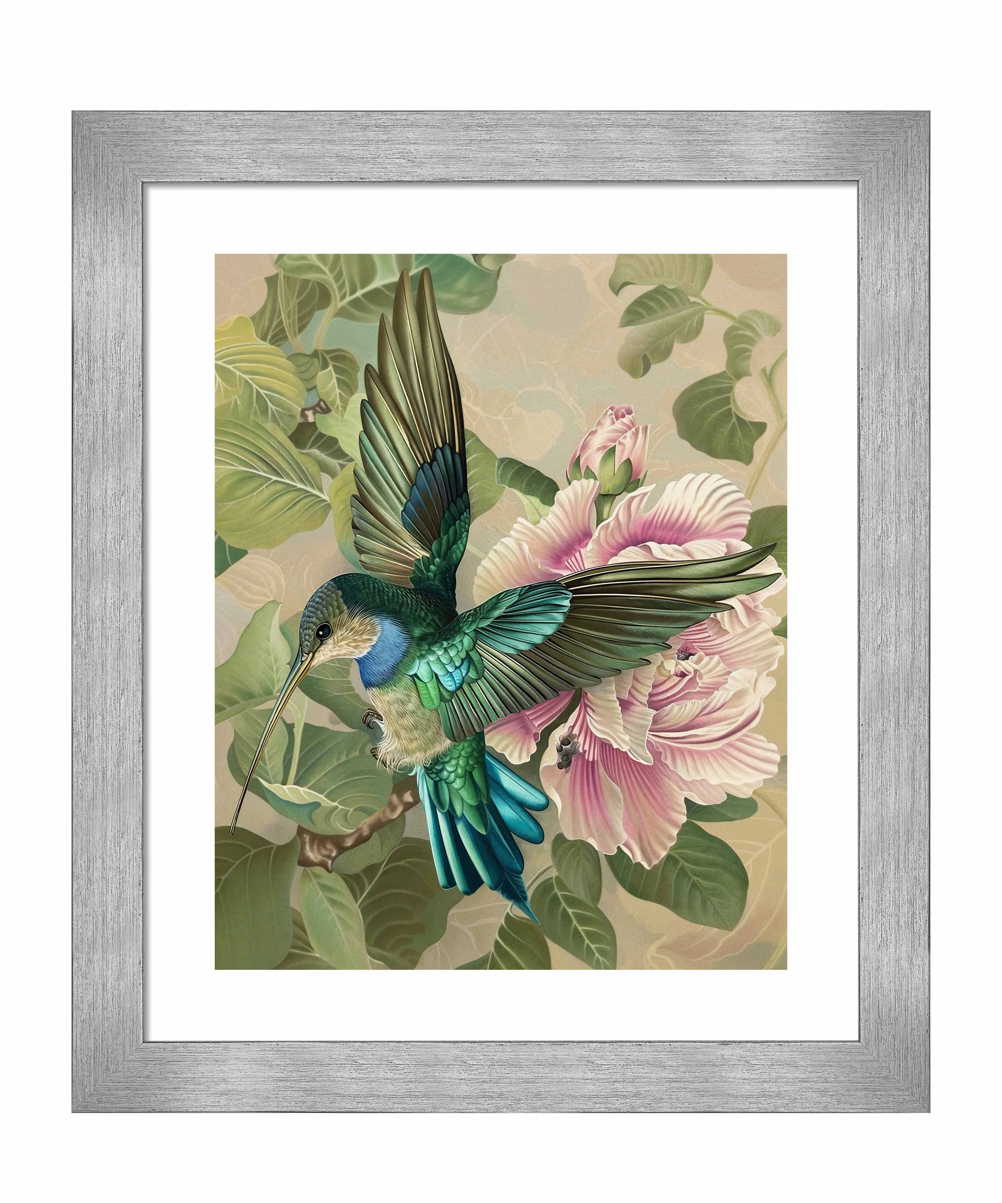 Emerald Flight Hummingbird Among Hibiscus Wall Art Print - Vibrant Tropical Home Decor for Living Room, Bedroom & Office