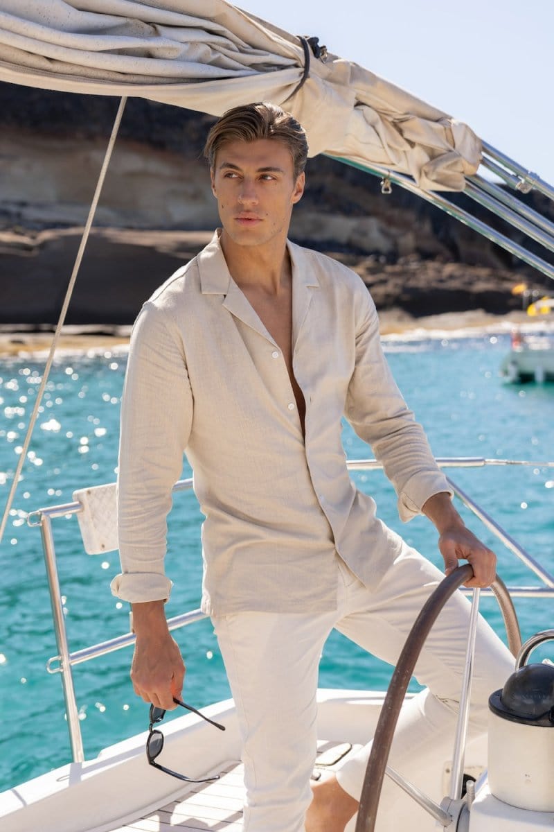 Premium Linen Blend Cuban Collar Shirt for Men - Breathable Stone Color Summer Shirt | Casual Wear, Beach Vacation & Outdoor Activities