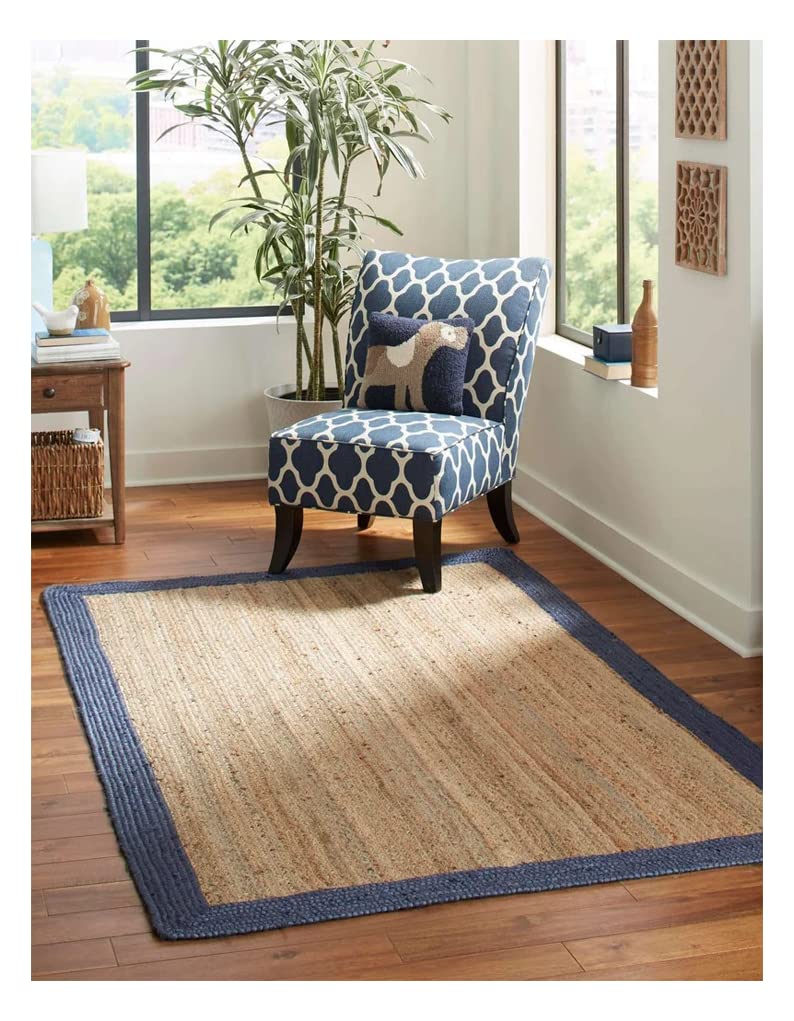 Navy Blue Jute Handwoven Rug - Eco-Friendly Natural Rectangle Rug 8x8 Ft by KULDEEP HANDICRAFTS | Perfect for Living Room, Bedroom & Boho Home Decor