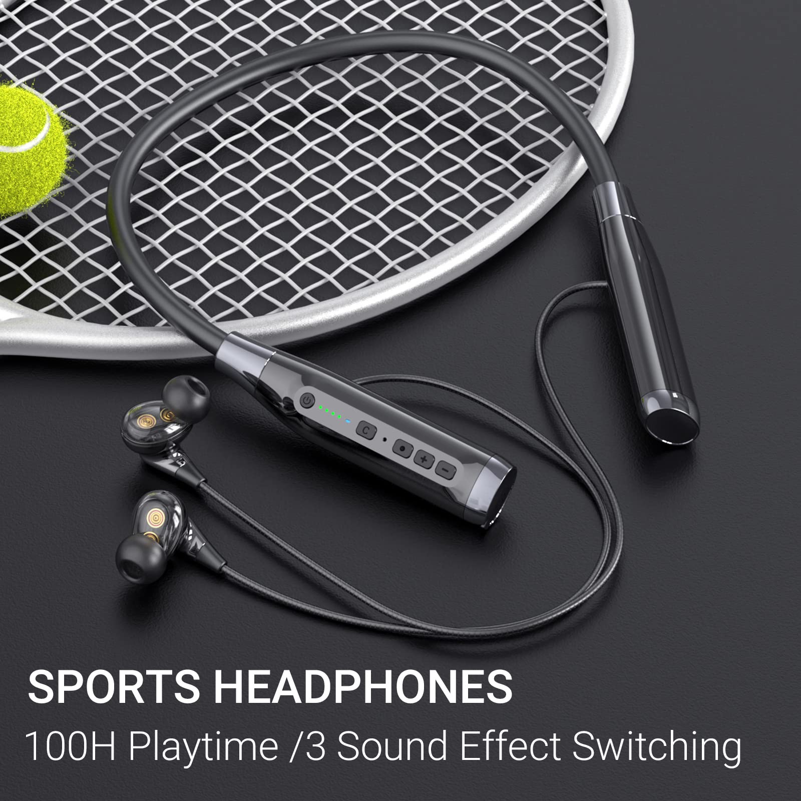 Wireless Bluetooth Headphones with 100H Playback, 4 Speakers & Deep Bass - Noise Cancelling Neckband Earbuds with Mic, IPX5 Waterproof for Running, Workout, Gym & Travel (Black)