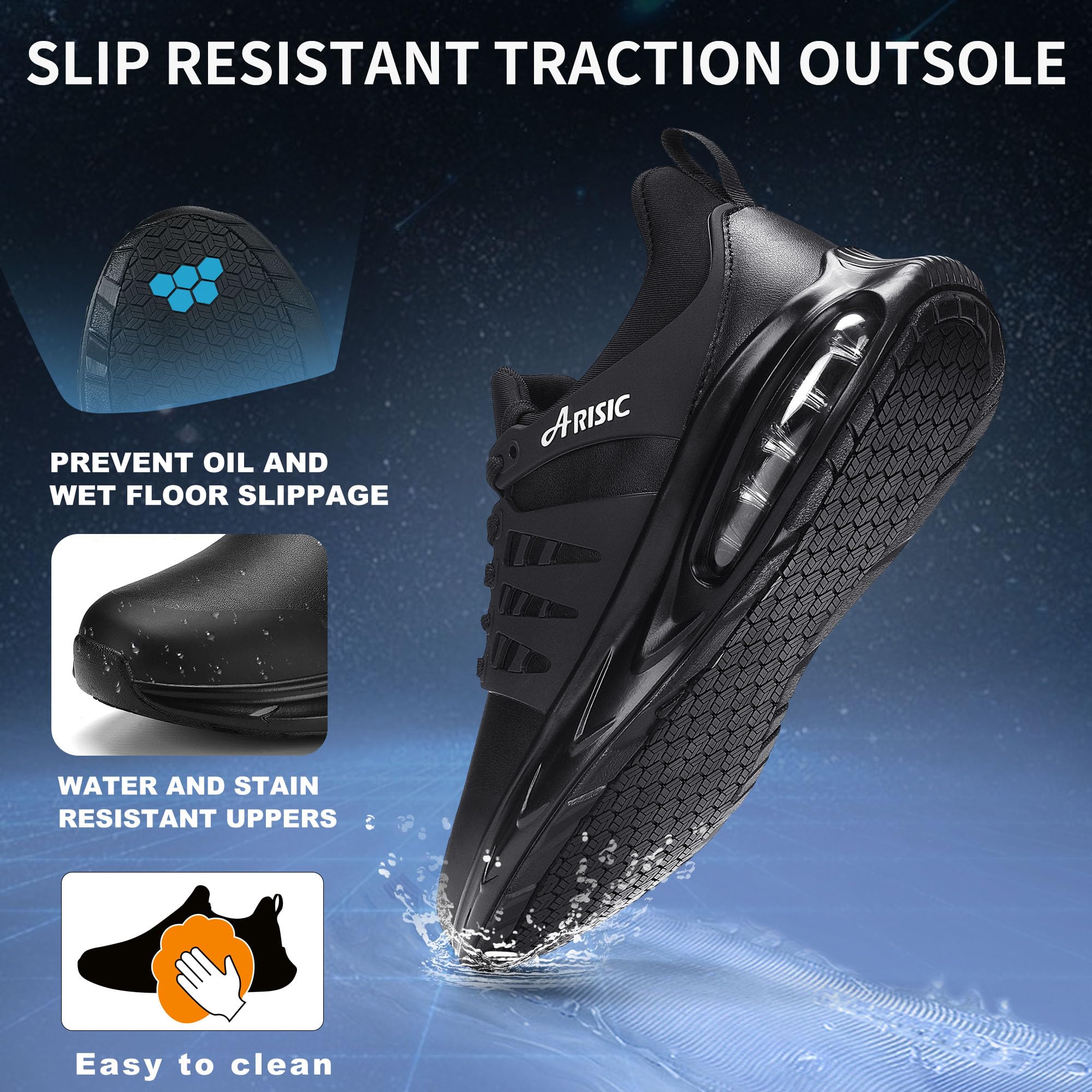 **ARISIC Slip-Resistant Men's Work Shoes - Waterproof Non-Slip Chef Shoes for Restaurant & Kitchen Staff - Comfortable Slip-On Sneakers for Food Service, Healthcare & Hospitality Professionals**    *(Perfect for chefs, waiters, nurses, and workers in wet or greasy environments!)*