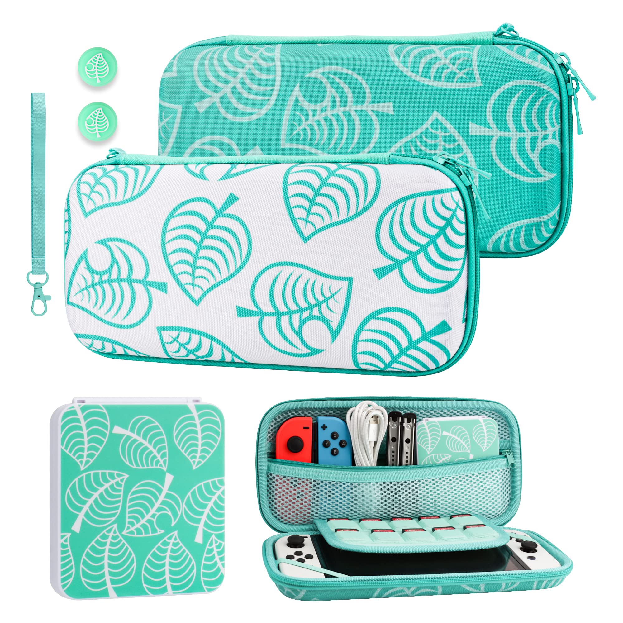 Premium Nintendo Switch & OLED Travel Case Bundle - Durable Protective Carrying Case with Strap, Game Card Holder & Thumb Grips - Perfect for Animal Crossing Fans & On-the-Go Gaming (Green) | Ideal for Travel, Commuting & Home Storage