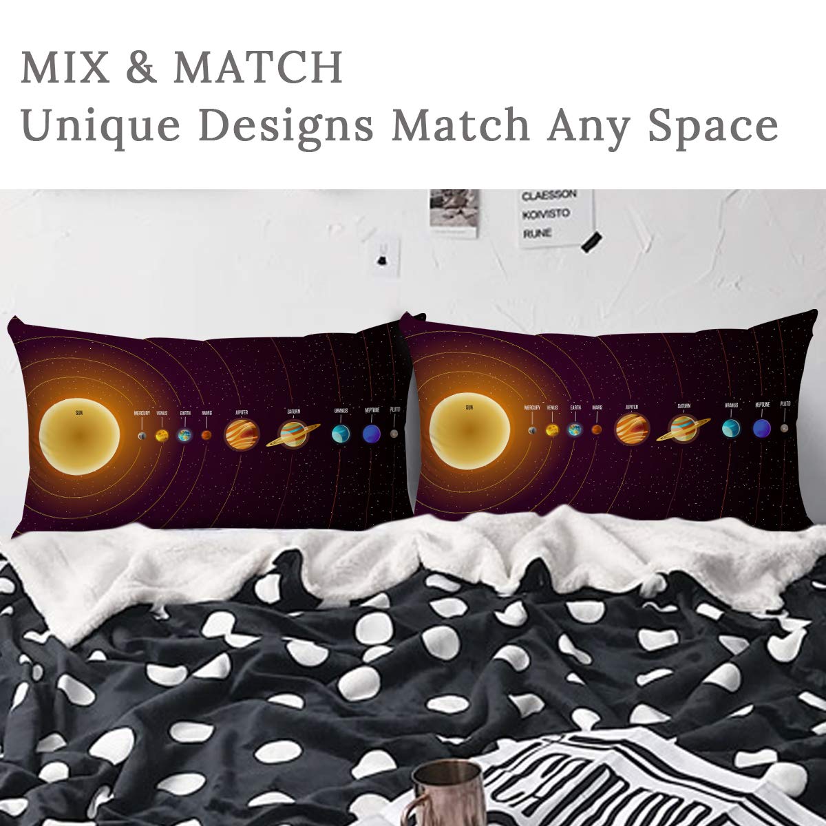 Galaxy Pillowcase Set of 2 - Purple Space Planets Universe Design, Standard 20x26 Inch Pillow Cover for Boys Bedroom Decor, Kids Room & Dorm Essentials
