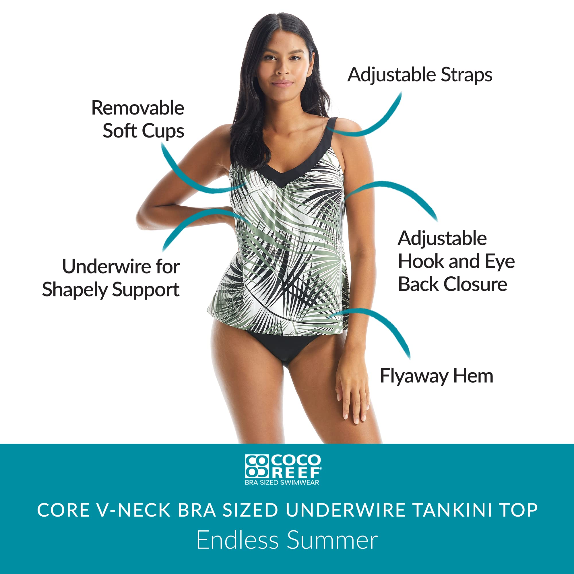 COCO REEF Core Bra Sized V-Neck Underwire Tankini Top - Supportive Swimwear for Women | B Cup Bikini Top for Beach, Pool & Summer Vacation