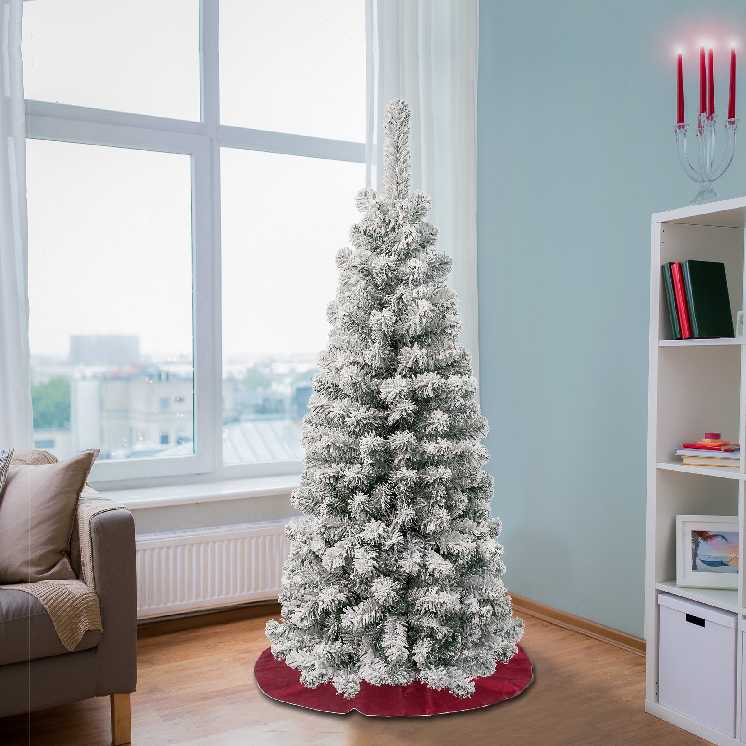 4.5 ft. Acacia Pencil Slim Flocked Artificial Christmas Tree - Perfect for Small Spaces, Apartments & Holiday Decor
