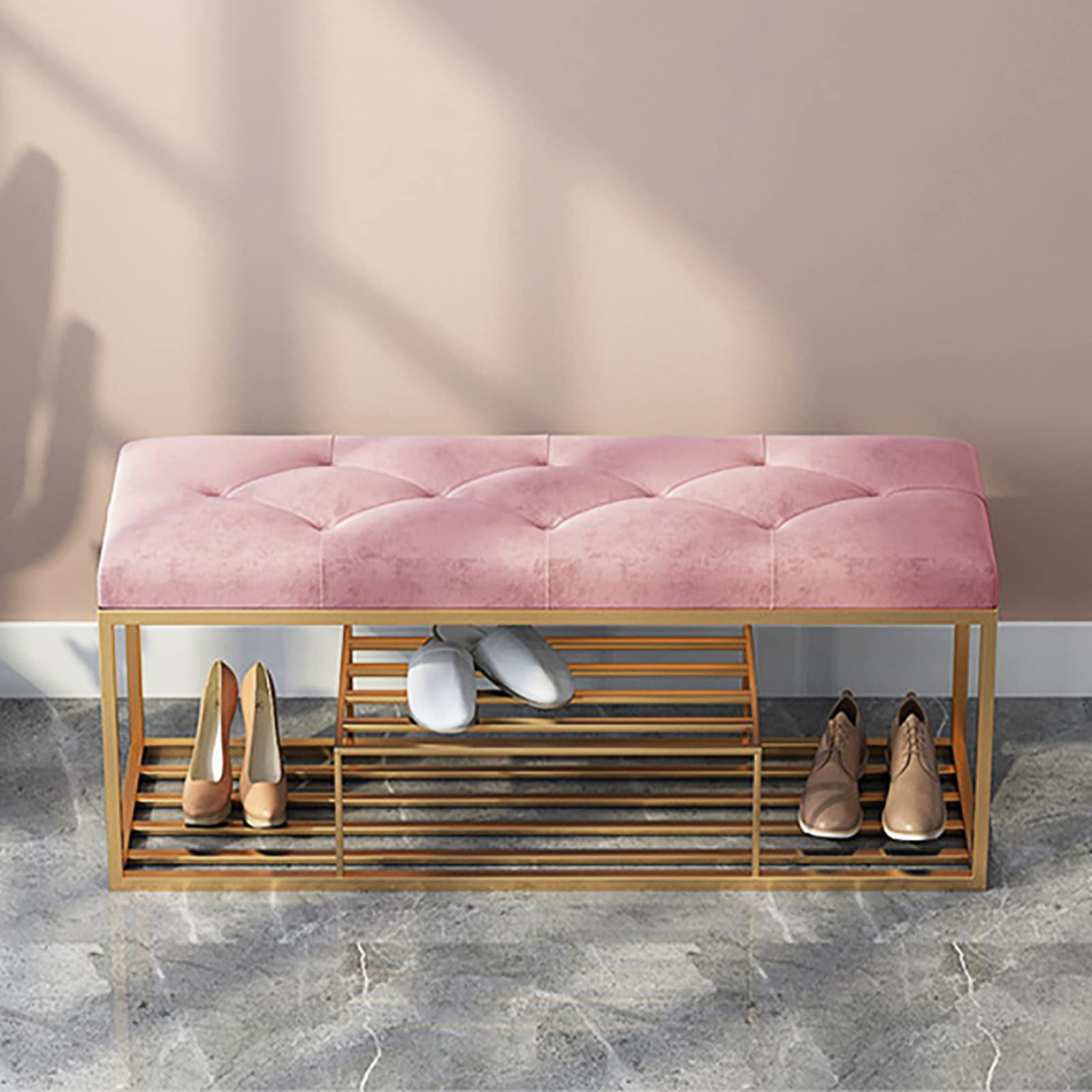 Modern Velvet Upholstered Shoe Bench with Storage - Pink Entryway Organizer 80x30x45cm (31x12x18in) - Perfect for Hallway, Bedroom & Closet Organization