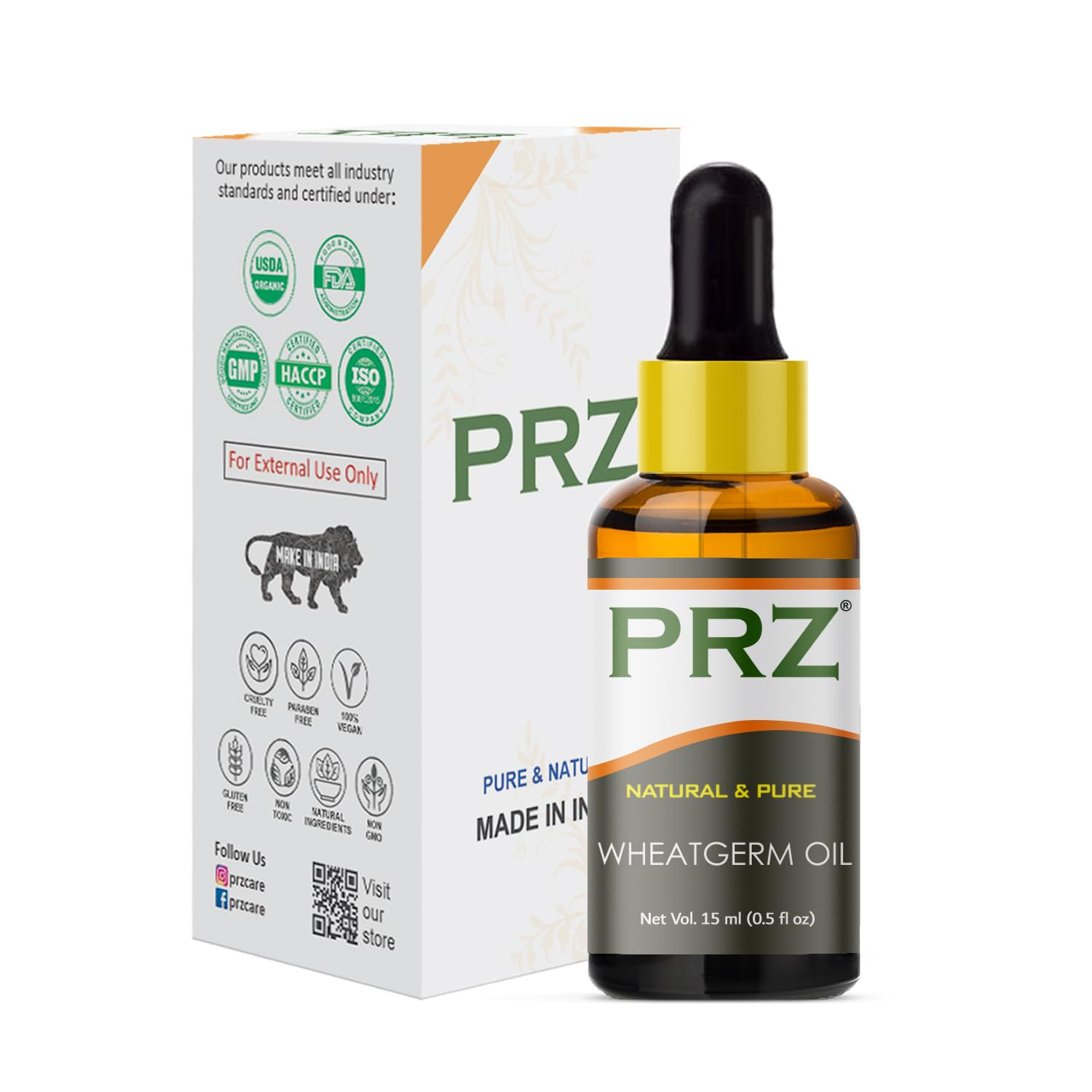 PRZ Wheat Germ Cold Pressed Carrier Oil 15ml - 100% Pure Natural Therapeutic Grade Oil for Aromatherapy, Massage, Skin & Hair Care | Moisturizing Dry Skin & Repairing Damaged Hair