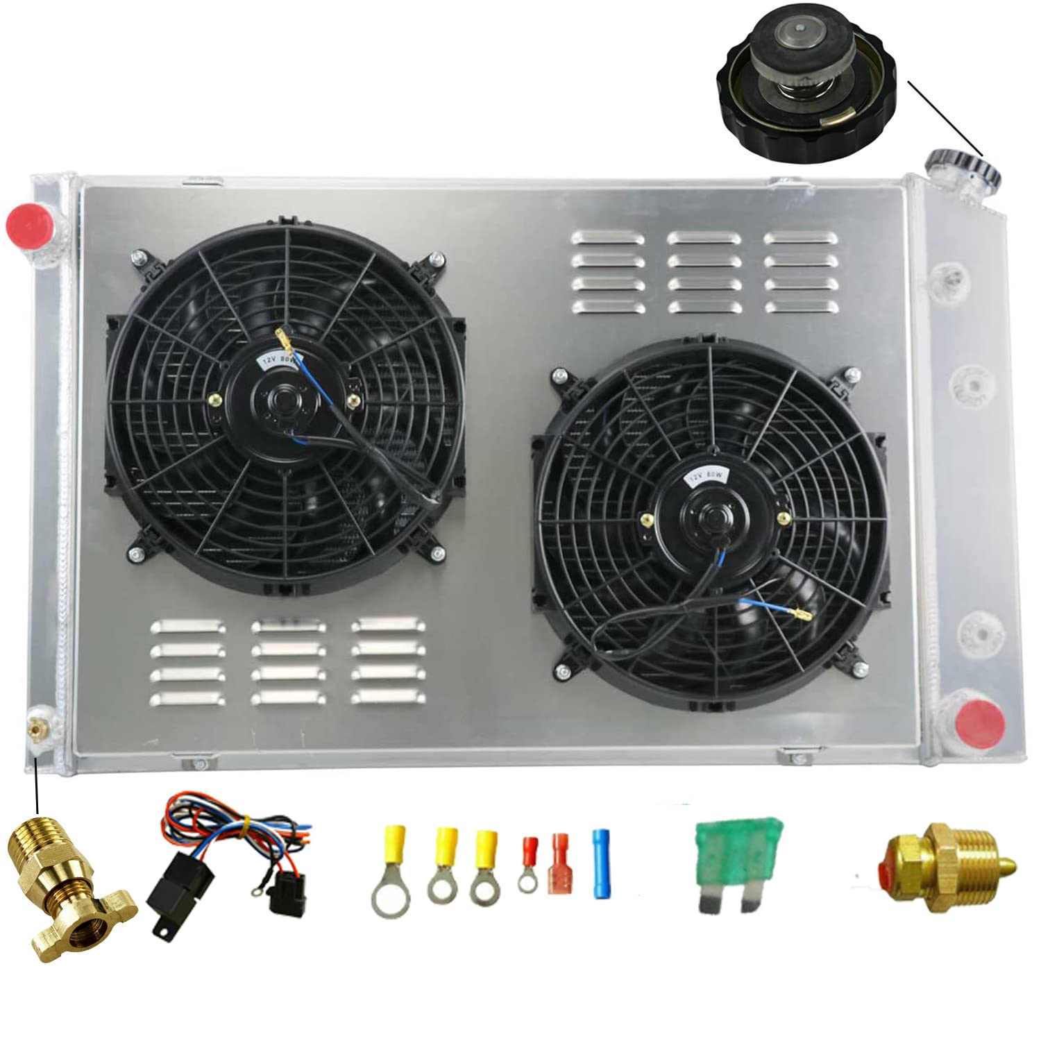 4 Row Aluminum Radiator Shroud with Fan Relay for 1973-1991 Chevy GMC C/K C10 C20 C30 C1500 C2500 C3500 Jimmy Blazer Truck Pickup Suburban - Heavy Duty Cooling for Off-Road & Towing