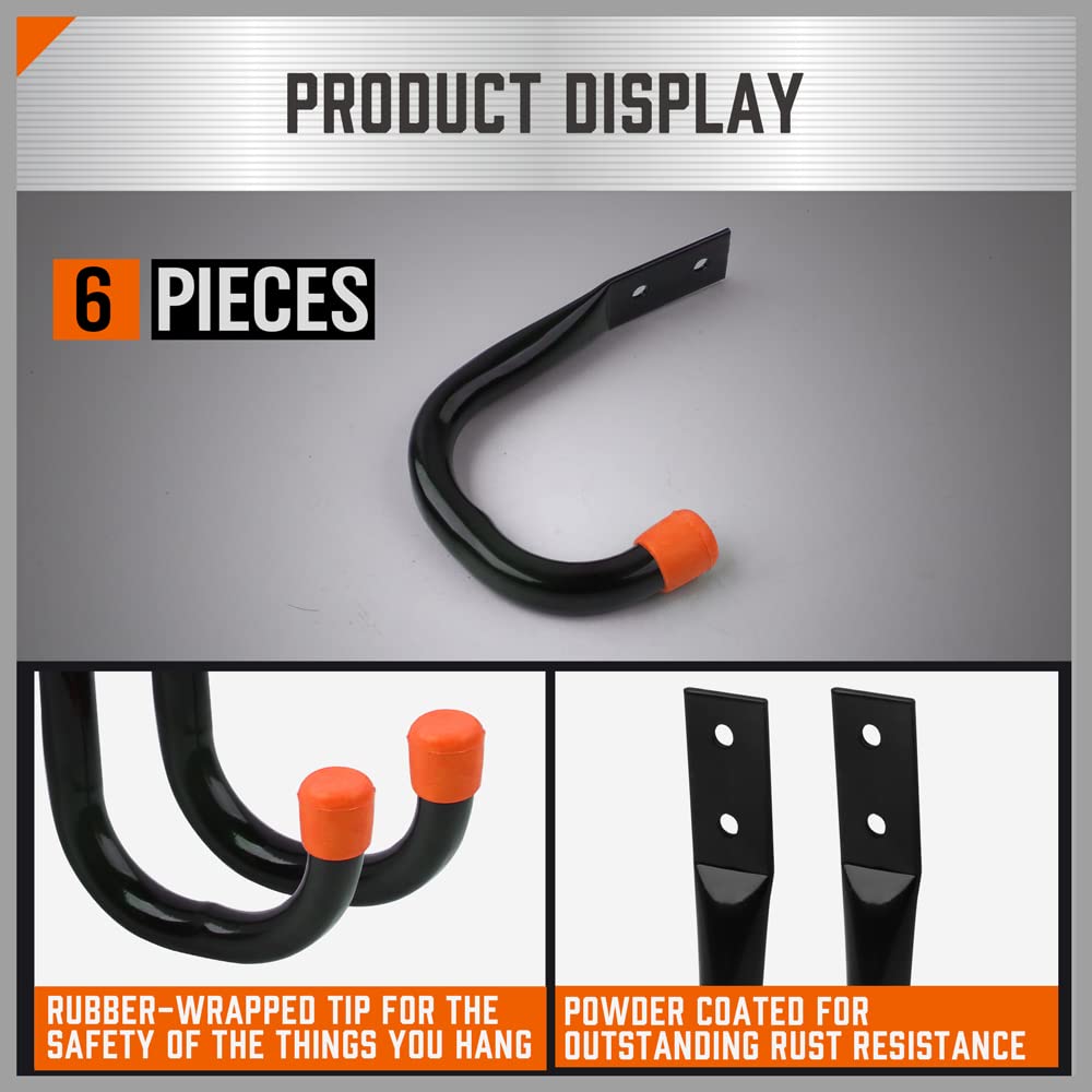 HORUSDY 6 Pack Heavy Duty Garage Hooks - Utility Wall Hooks for Storage, Organization - Perfect for Garage, Basement, Shed, Workshop (Black)