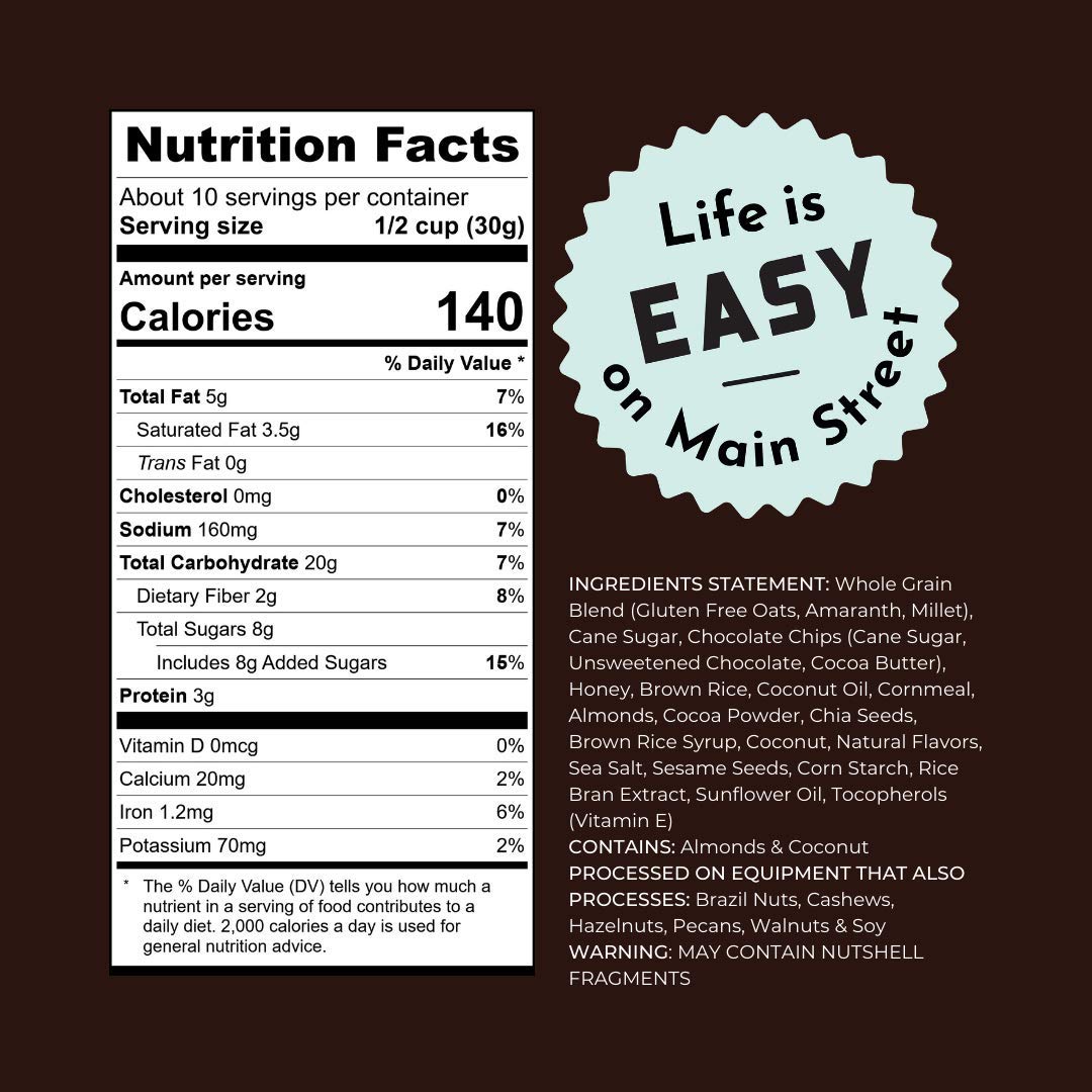 Bakery On Main Dark Chocolate Sea Salt Granola - Gluten Free, Non-GMO, Whole Grain Oatmeal Snack, 11oz (6 Pack) | Perfect for Breakfast, Healthy Snacking & On-The-Go Energy